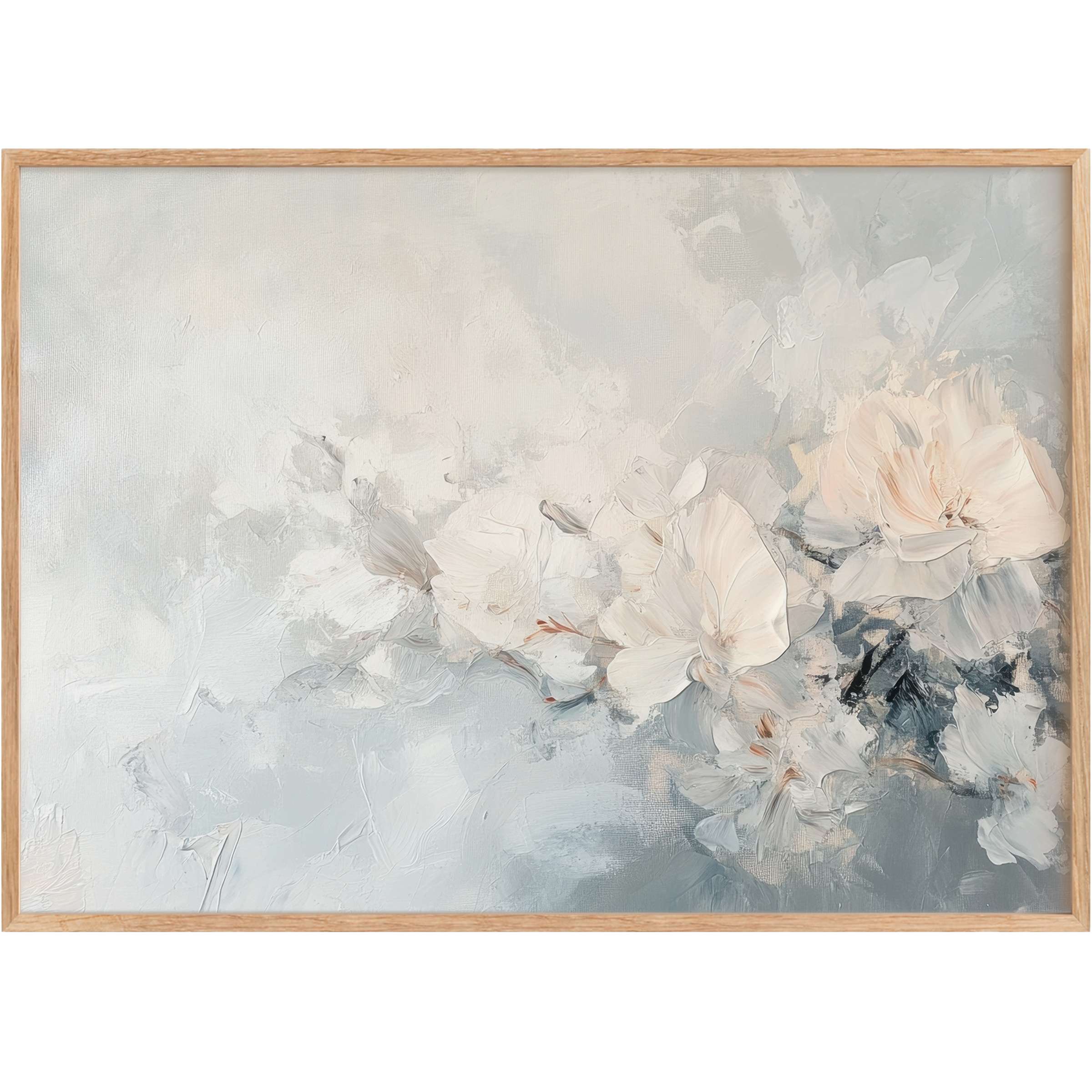 Botanical printable wall art exuding serene elegance with soft ivory and cool gray blooms, perfect for a tranquil, refined space