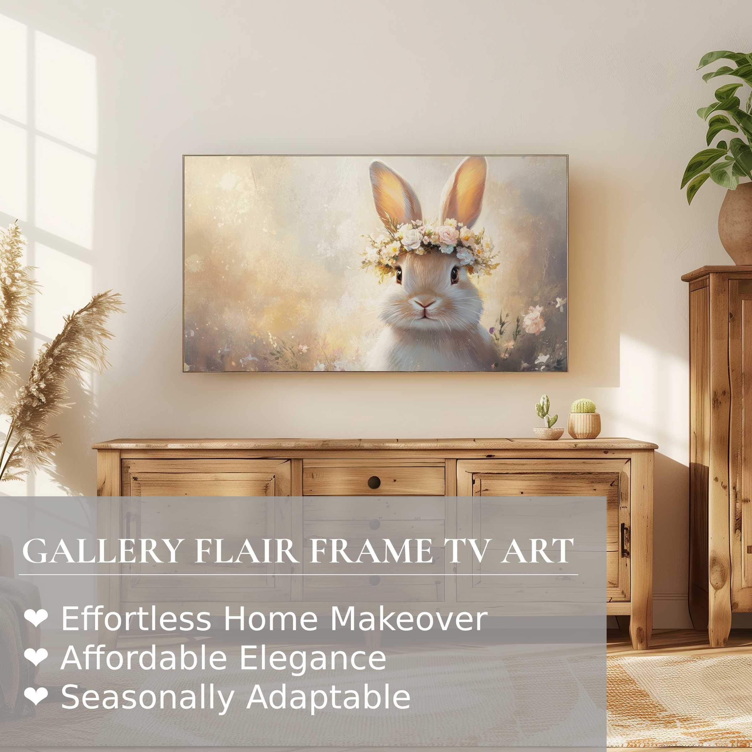 Samsung Frame TV displaying elegant easter digital artwork of a bunny with floral crown in a modern cozy room