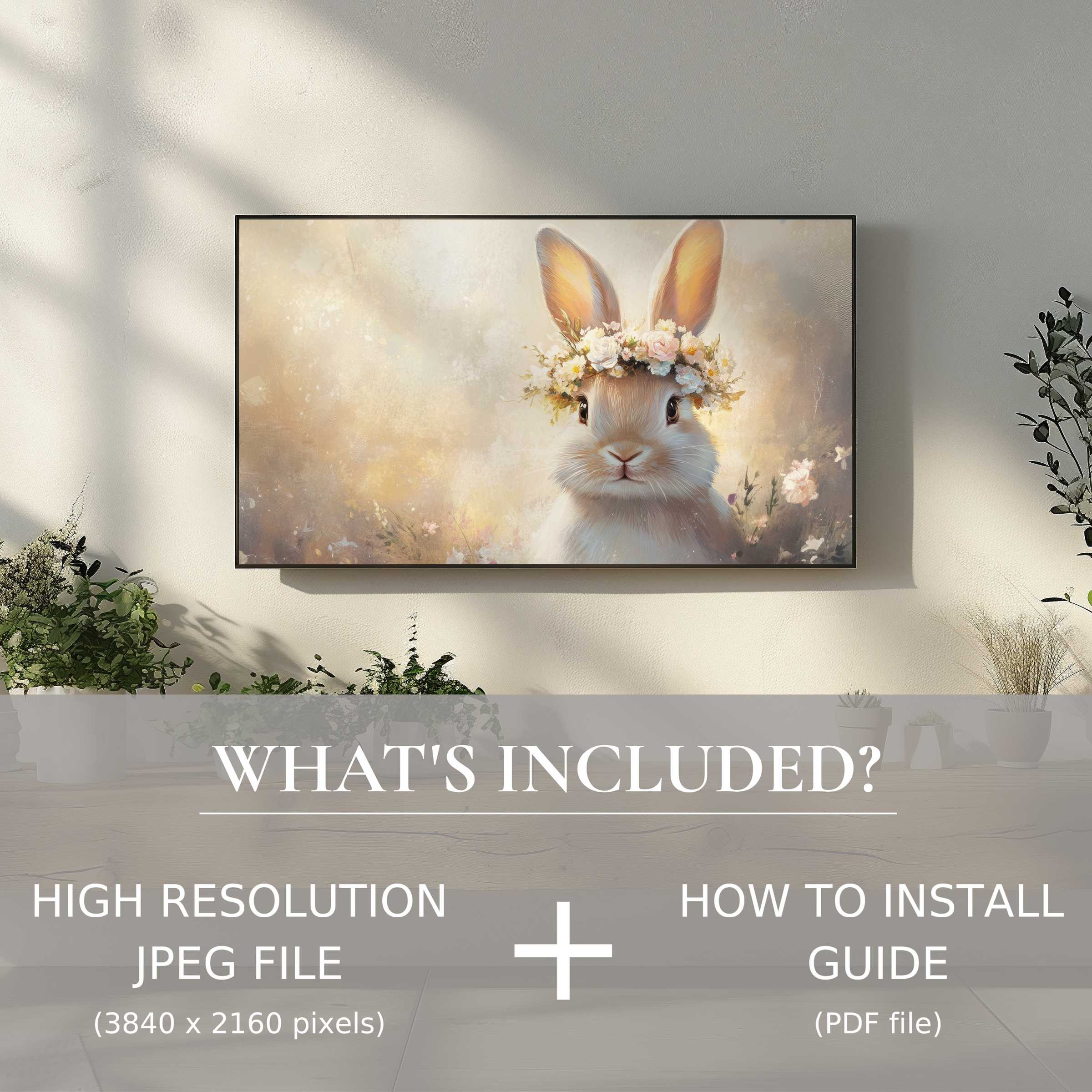 Elegant living room featuring an easter digital TV art download of a floral crown bunny, enhancing style with easy digital use