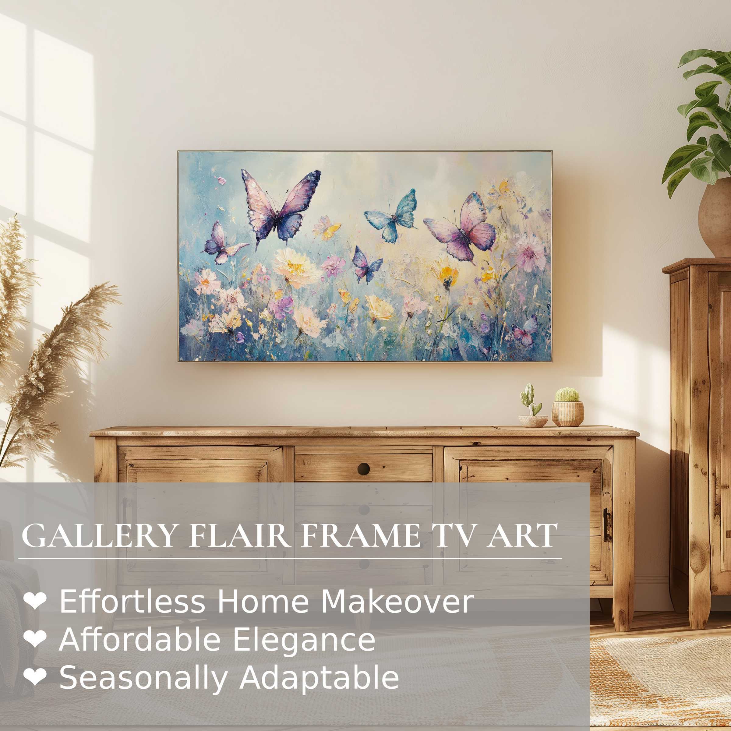 Samsung Frame TV displays delicate nursery digital artwork of pastel butterflies in a modern, sunlit room