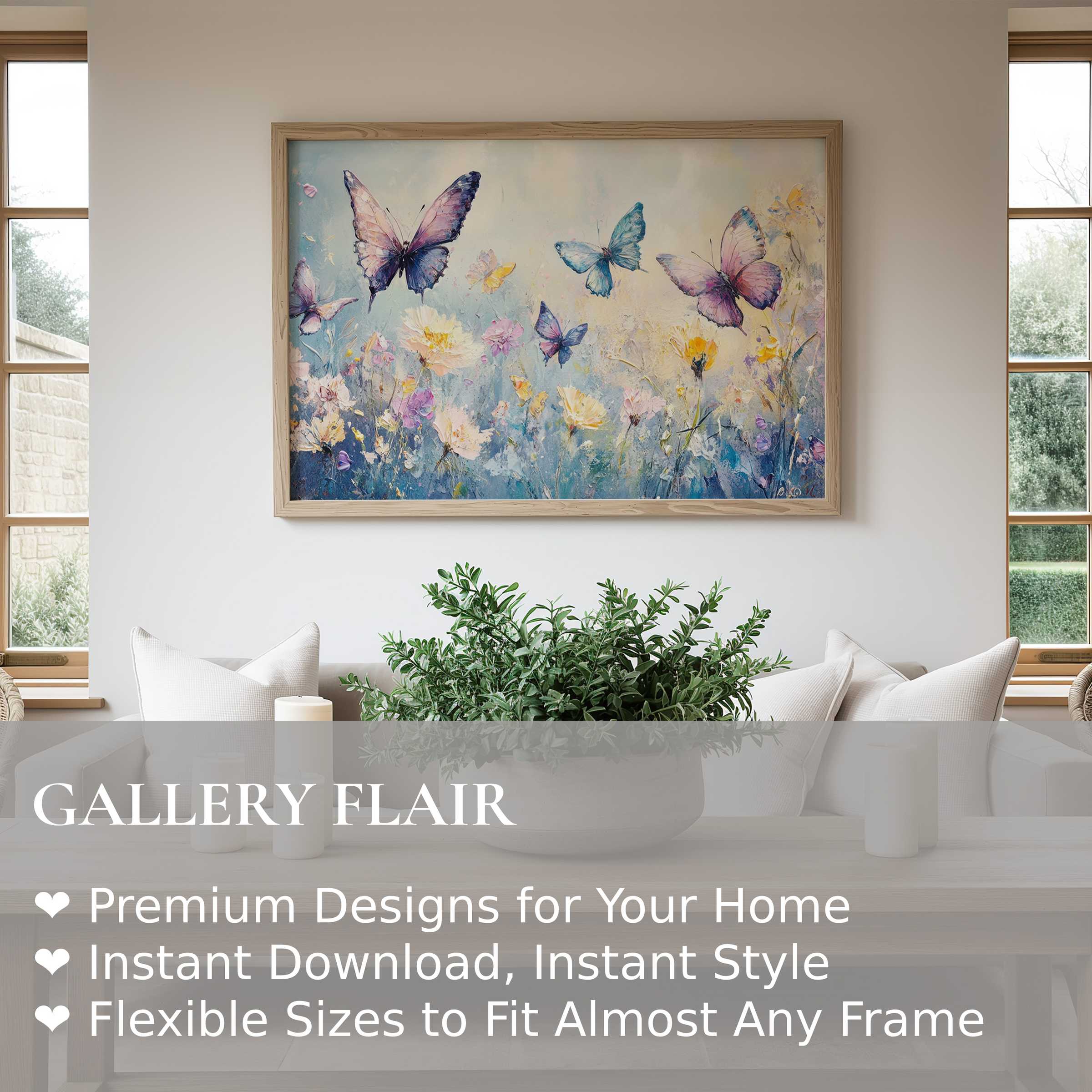 Nursery wall art print with soft pastel butterflies and blooms, enhancing serene, modern nursery décor with calming elegance