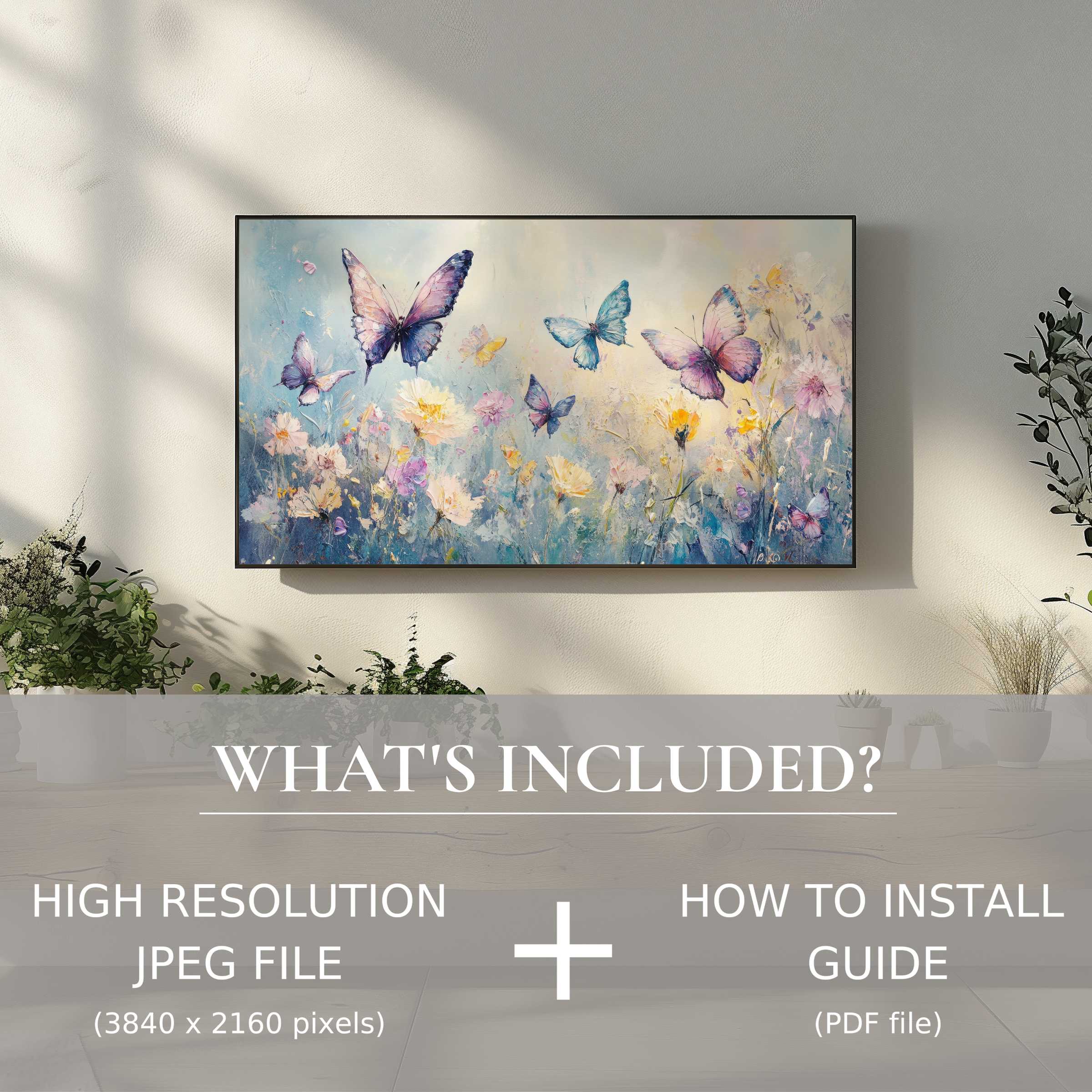 Elegant nursery digital TV art download with butterflies, easy digital use enhancing stylish living spaces