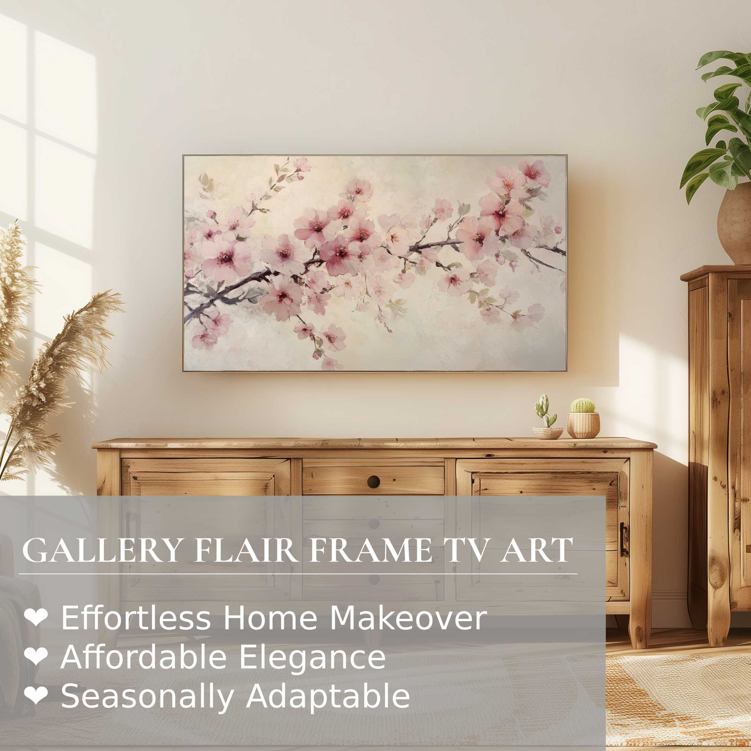 Samsung Frame TV displaying delicate floral digital artwork in a serene room with natural wood and soft sunlight