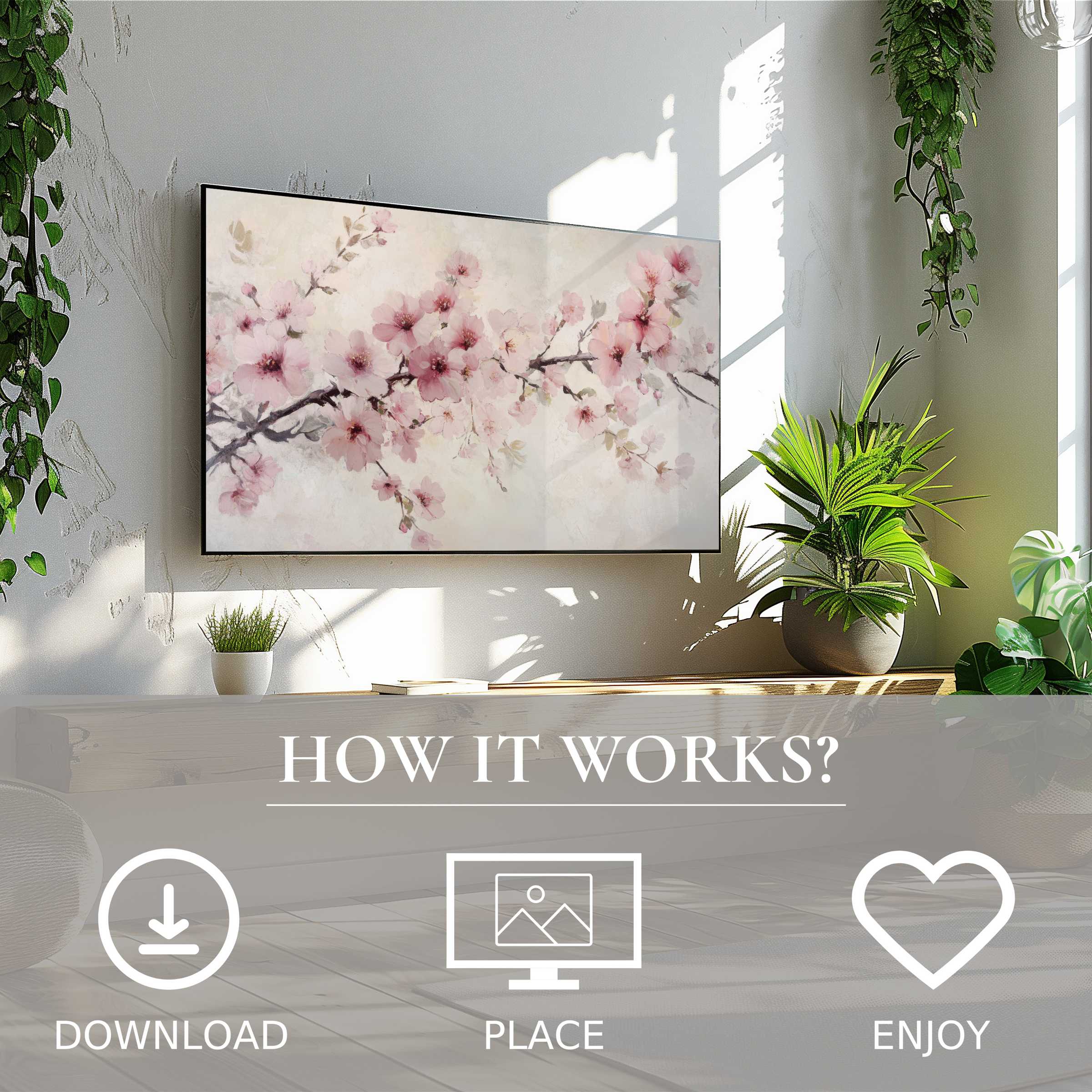 Floral art for Samsung TV, soft pink blossoms on The Frame, easy digital download to enrich your stylish living room