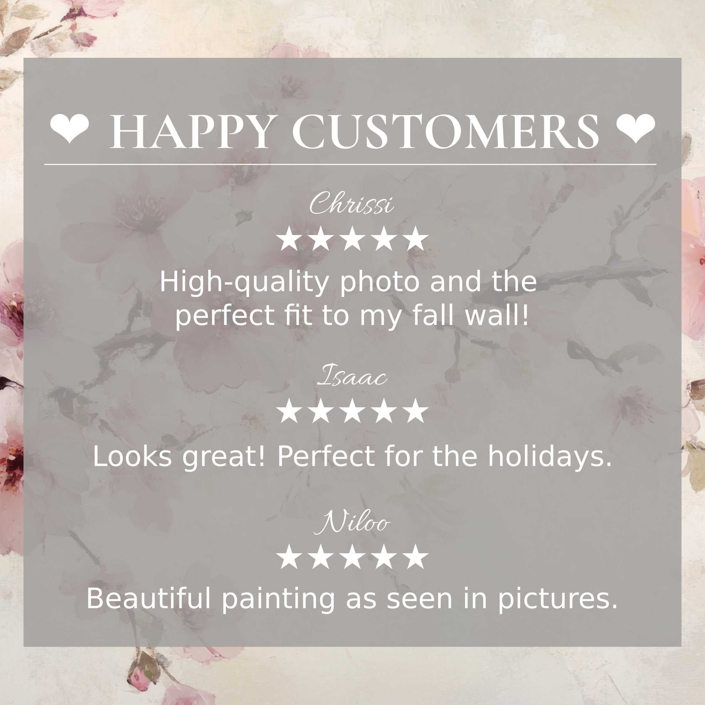 Floral art for Frame TV with soft pink blossoms, happy customer reviews building trust and showcasing elegant style