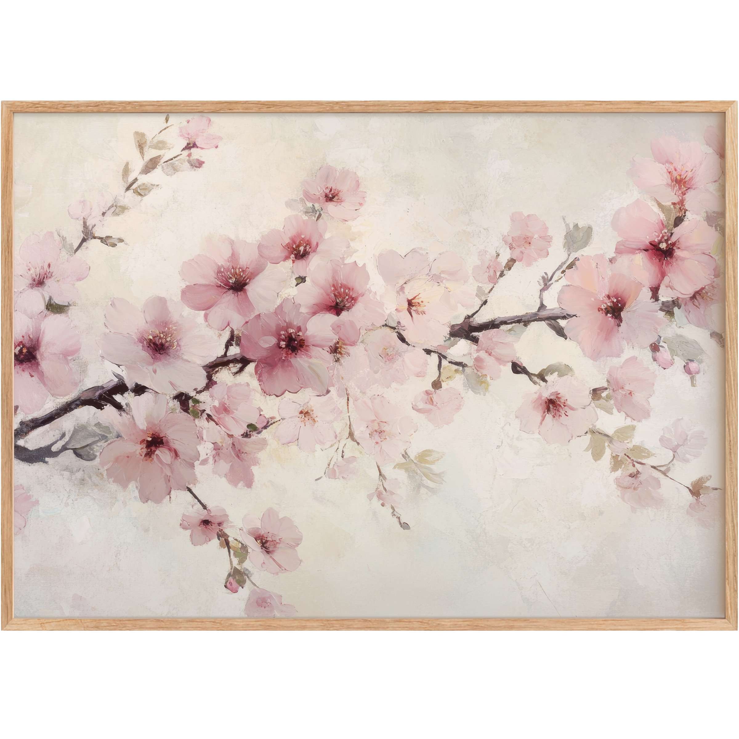 Delicate floral printable wall art featuring soft pink blossoms on muted branches, evoking a serene and elegant ambiance