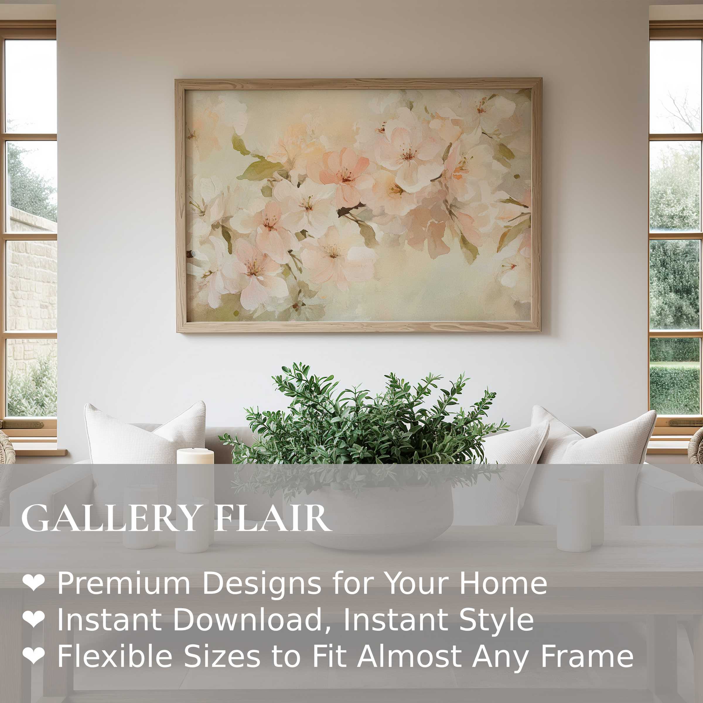 Spring wall art print featuring soft blush blossoms in a serene, modern living room Radiant floral design enhances calm, contemporary decor