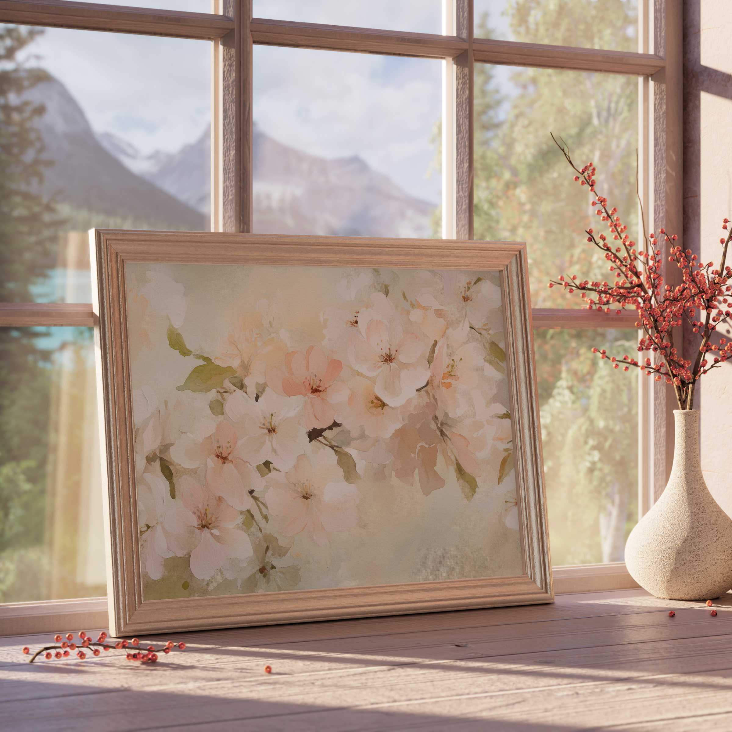 Elegant spring downloadable art featuring soft blush blossoms in a natural wood frame, enhancing tranquil, curated luxury interiors