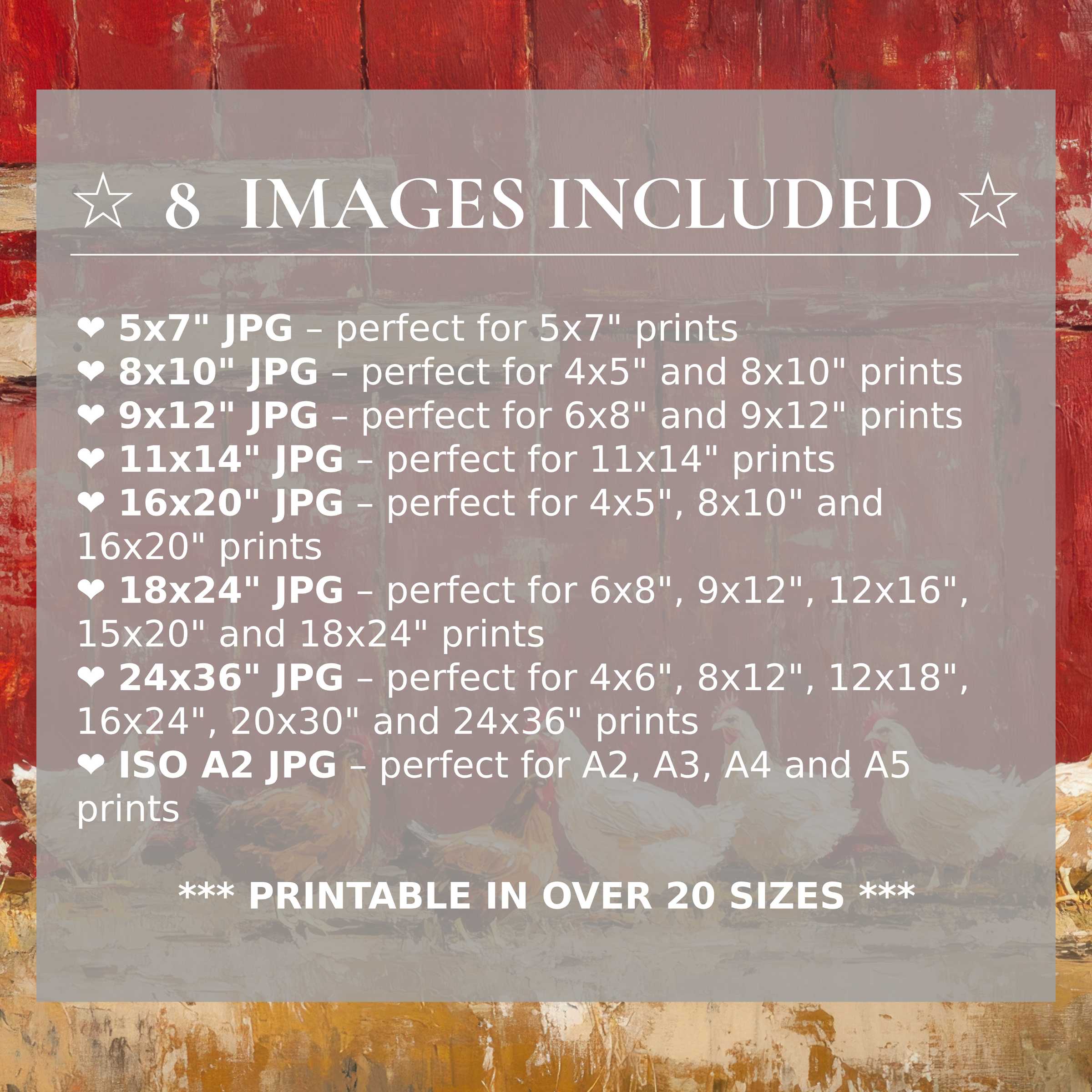 Farmhouse digital print radiates rustic warmth with deep reds and natural hues, delivering elegance in 8 included high-quality sizes