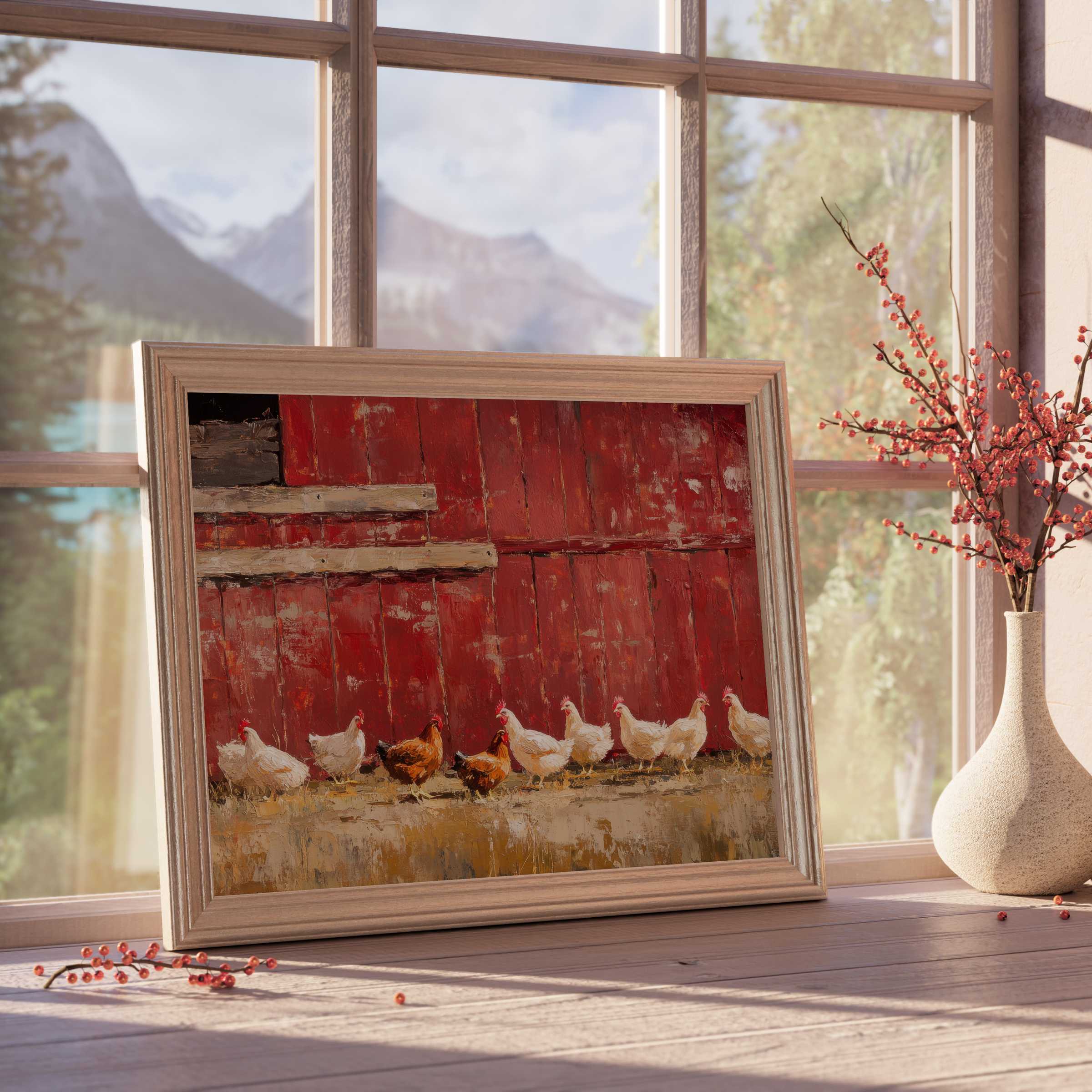 Farmhouse downloadable art featuring charming hens against rustic red barn wood, perfect for serene, curated country interiors