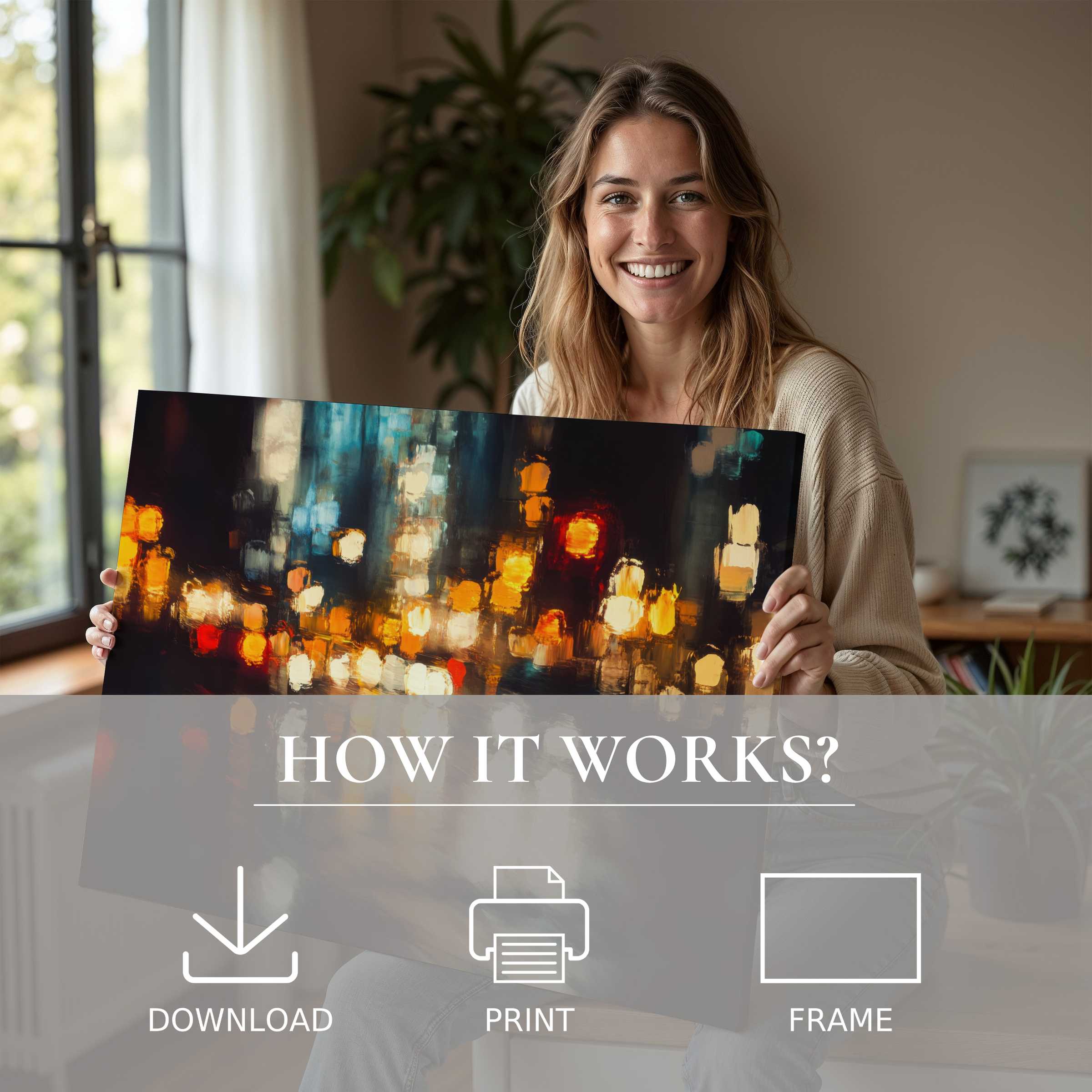 Radiant urban digital art print glowing with warmth, embraced in a stylish home evoking joy and effortless elegance