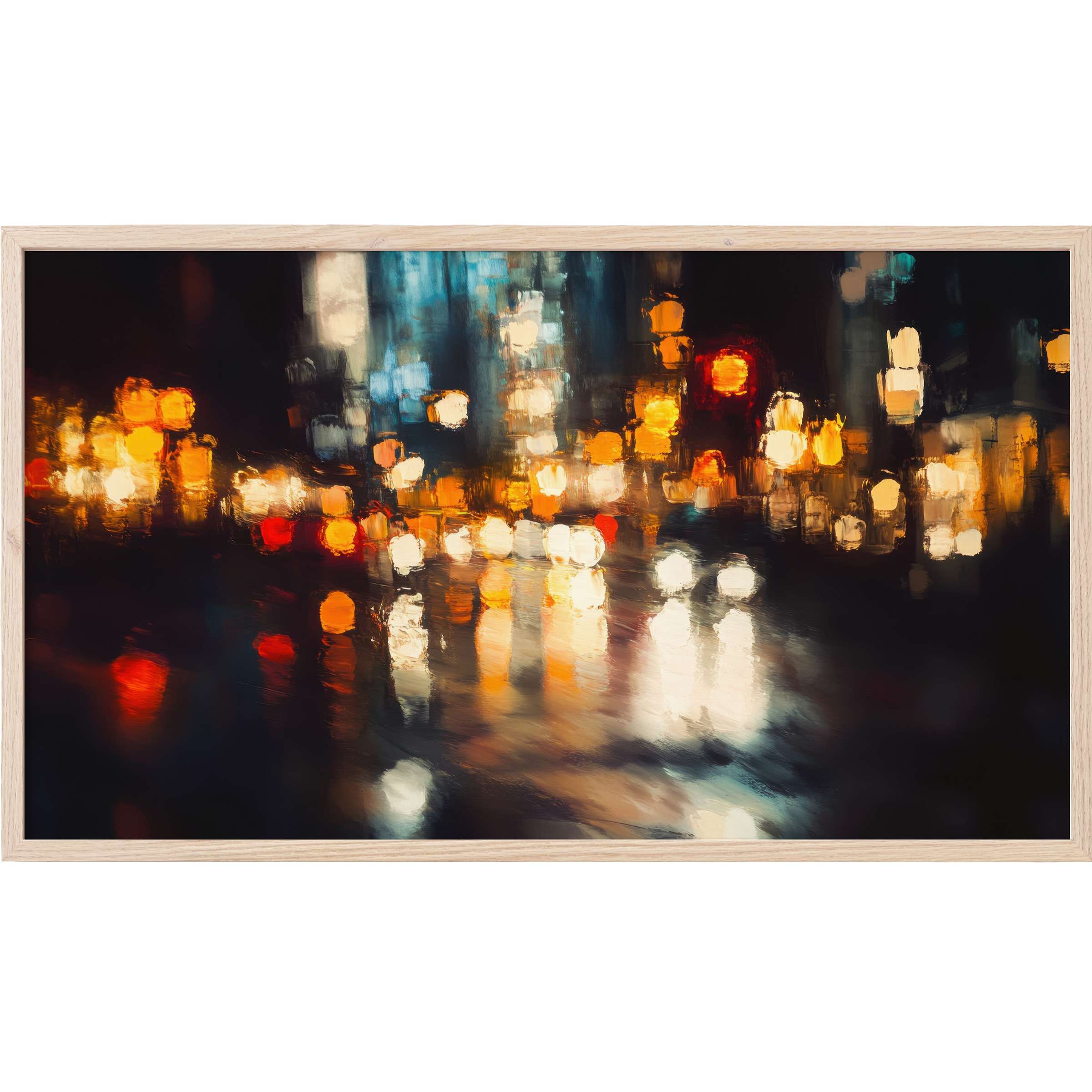 Urban Frame TV Art showcasing an abstract cityscape in warm amber and cool blue tones, sleek and modern