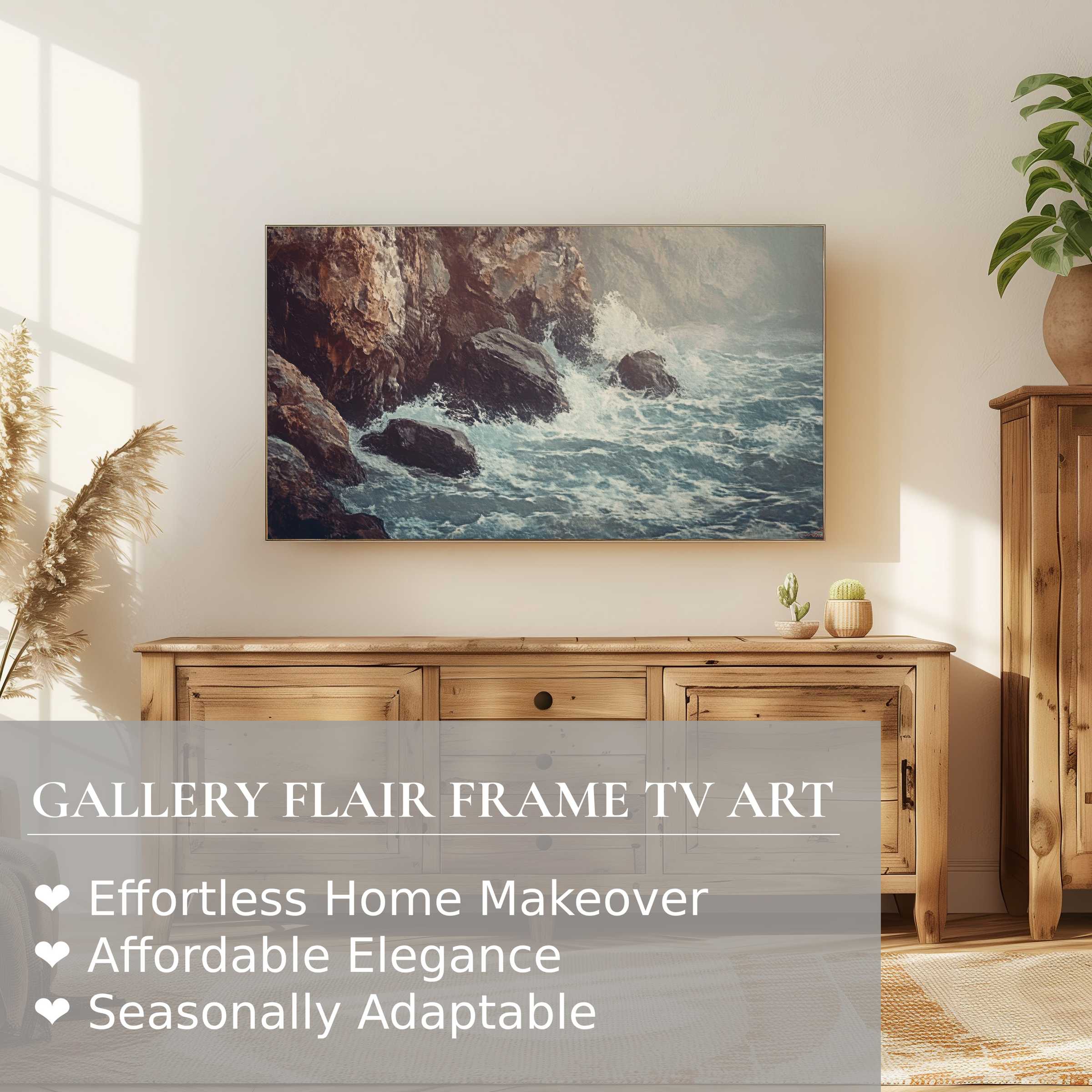 Samsung Frame TV displays serene coastal digital artwork in a modern, sunlit room with natural wood decor
