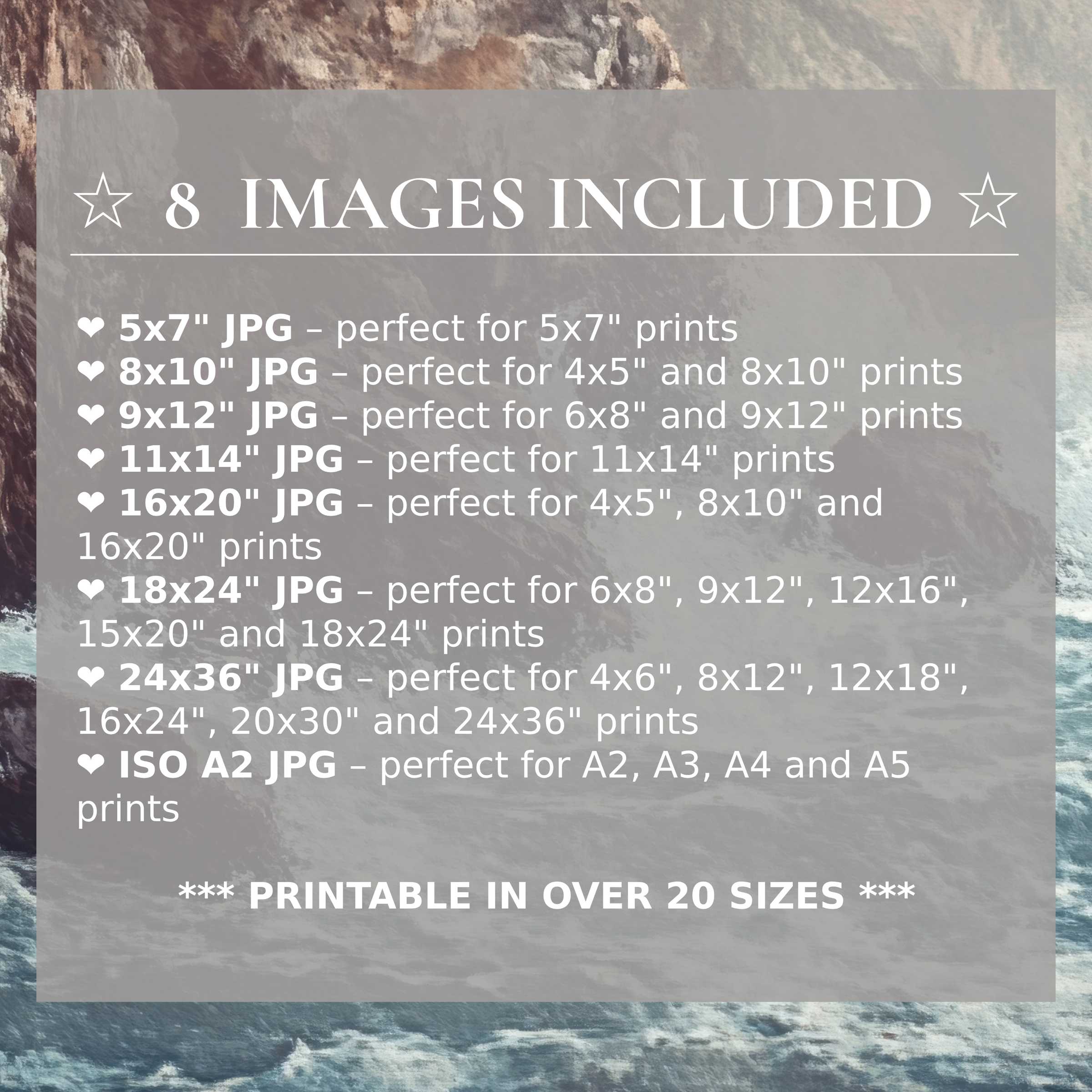 Coastal digital print with radiant blues and warm earth tones, elevating modern interiors with 8 high-quality sizes included