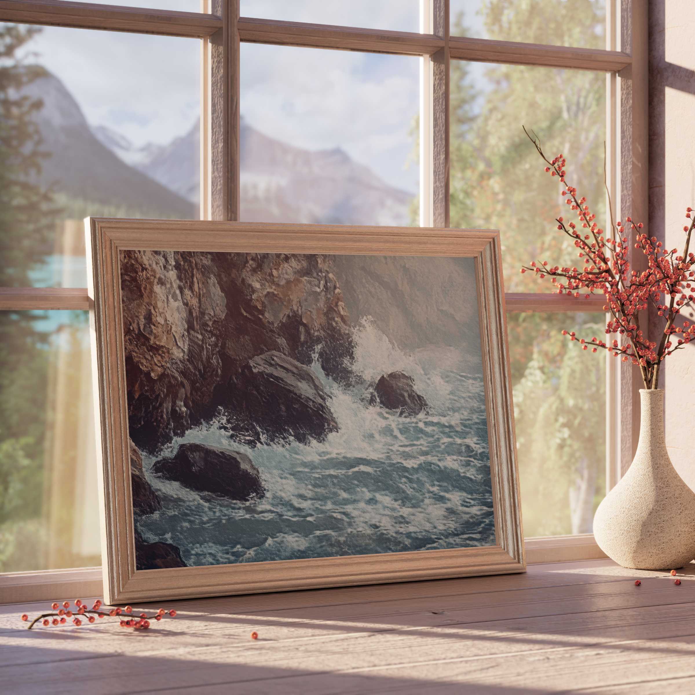 Coastal downloadable art capturing the dynamic ocean spray against rugged cliffs, elevating serene, design-forward interiors with natural elegance
