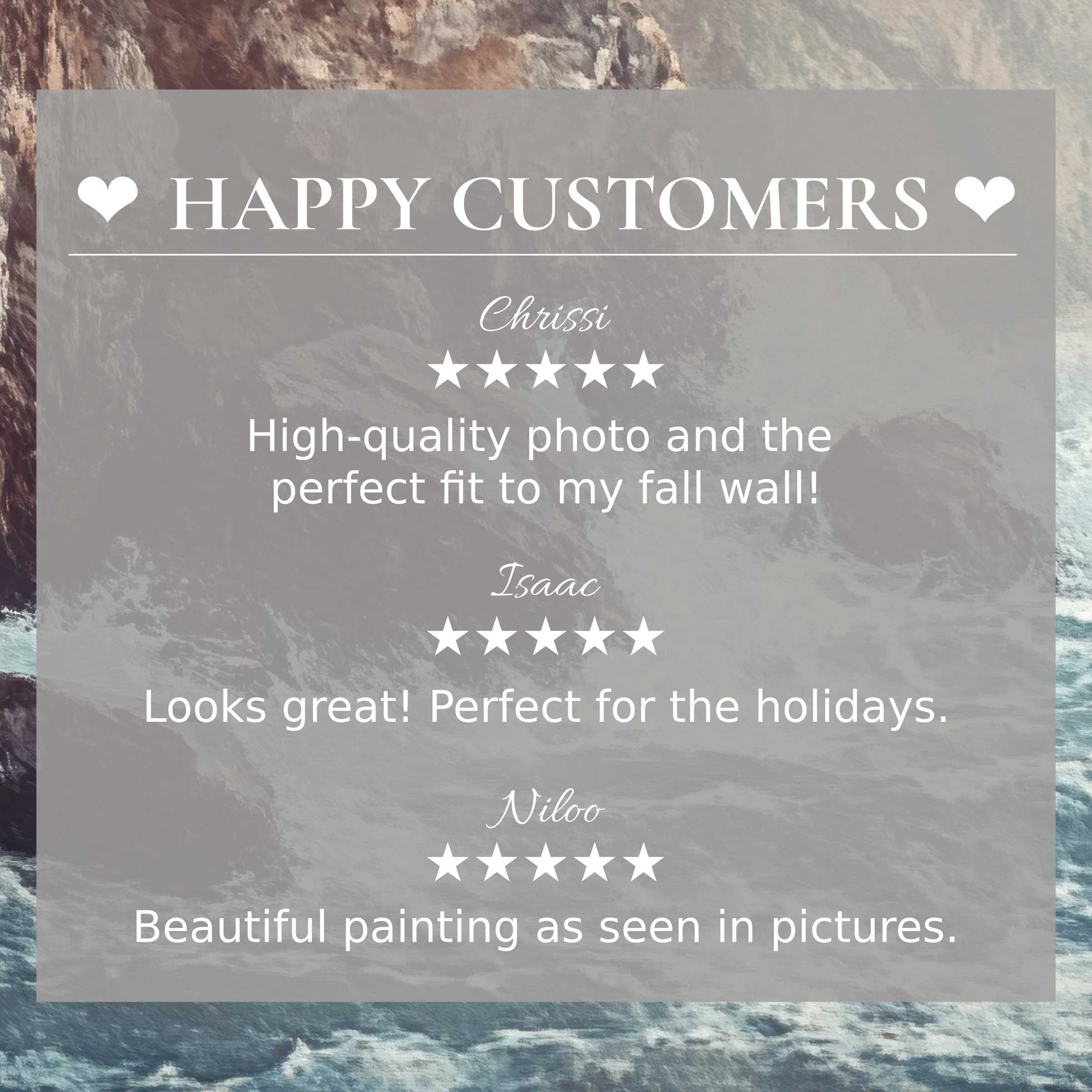 Elegant coastal art for Frame TV with abstract ocean hues, showcasing happy customer reviews to inspire trust and style