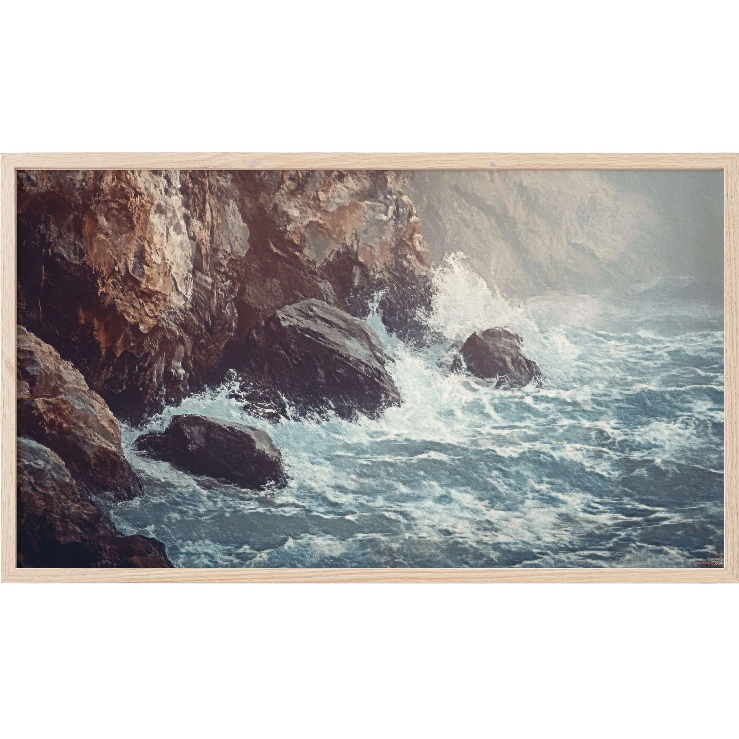 Coastal Frame TV Art depicting rugged cliffs with crashing waves in muted blues and earth tones, elegantly styled