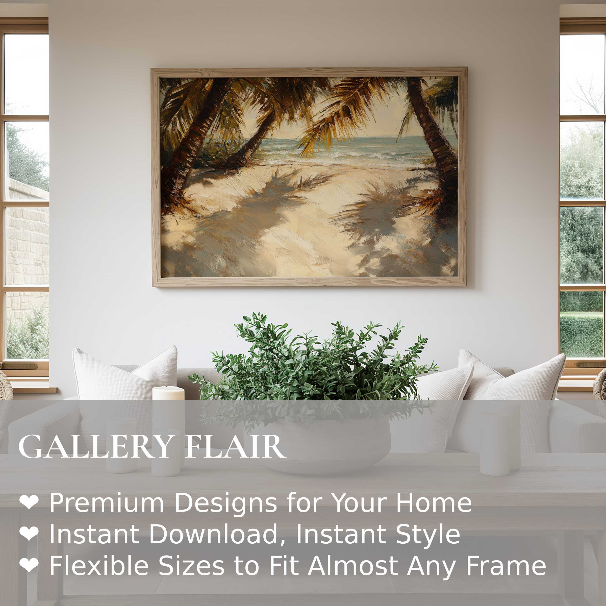 Beach wall art print capturing a radiant, sunlit tropical shore with palm shadows, enhancing serene modern coastal interiors