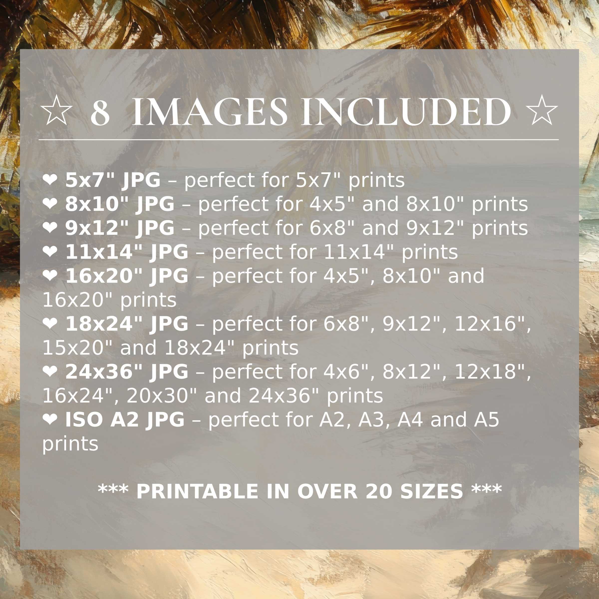 Radiant beach digital print in warm golds and serene blues, elevating modern interiors with style; includes 8 high-quality sizes