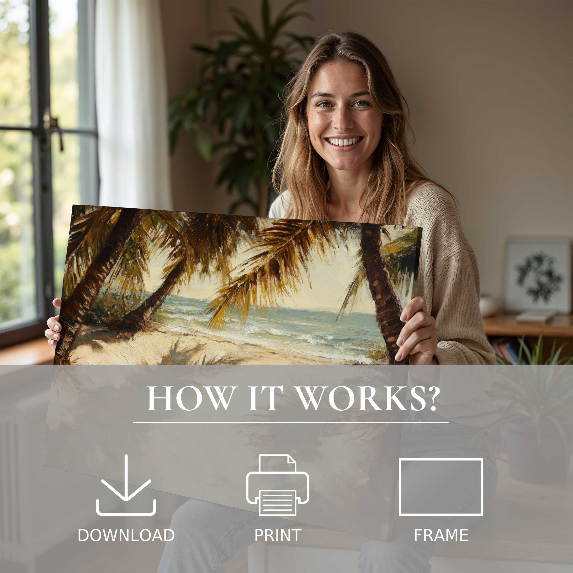 A serene moment of joy as a woman embraces a beach digital art print, inviting warmth and effortless elegance into modern home life