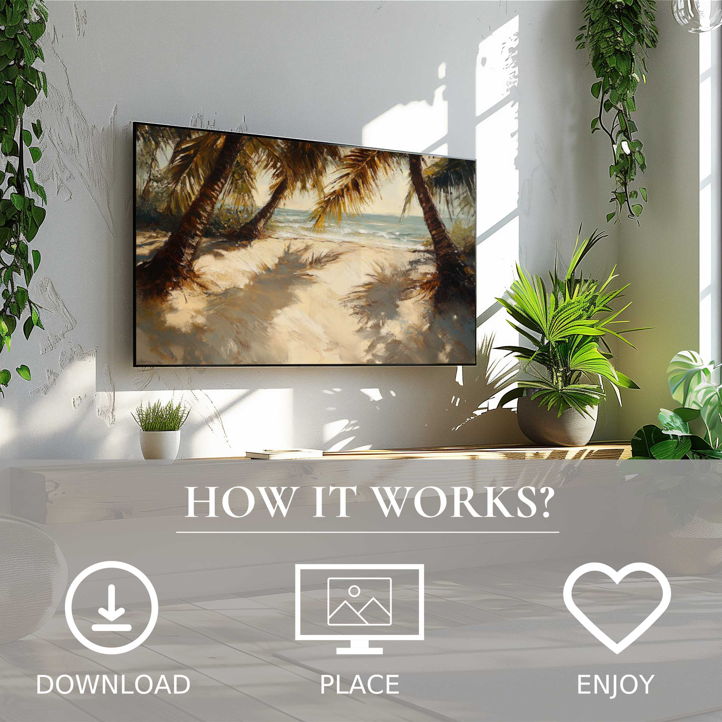 Modern living room with easy digital download beach art for Samsung TV; warm sandy tones and palm shadows enrich space