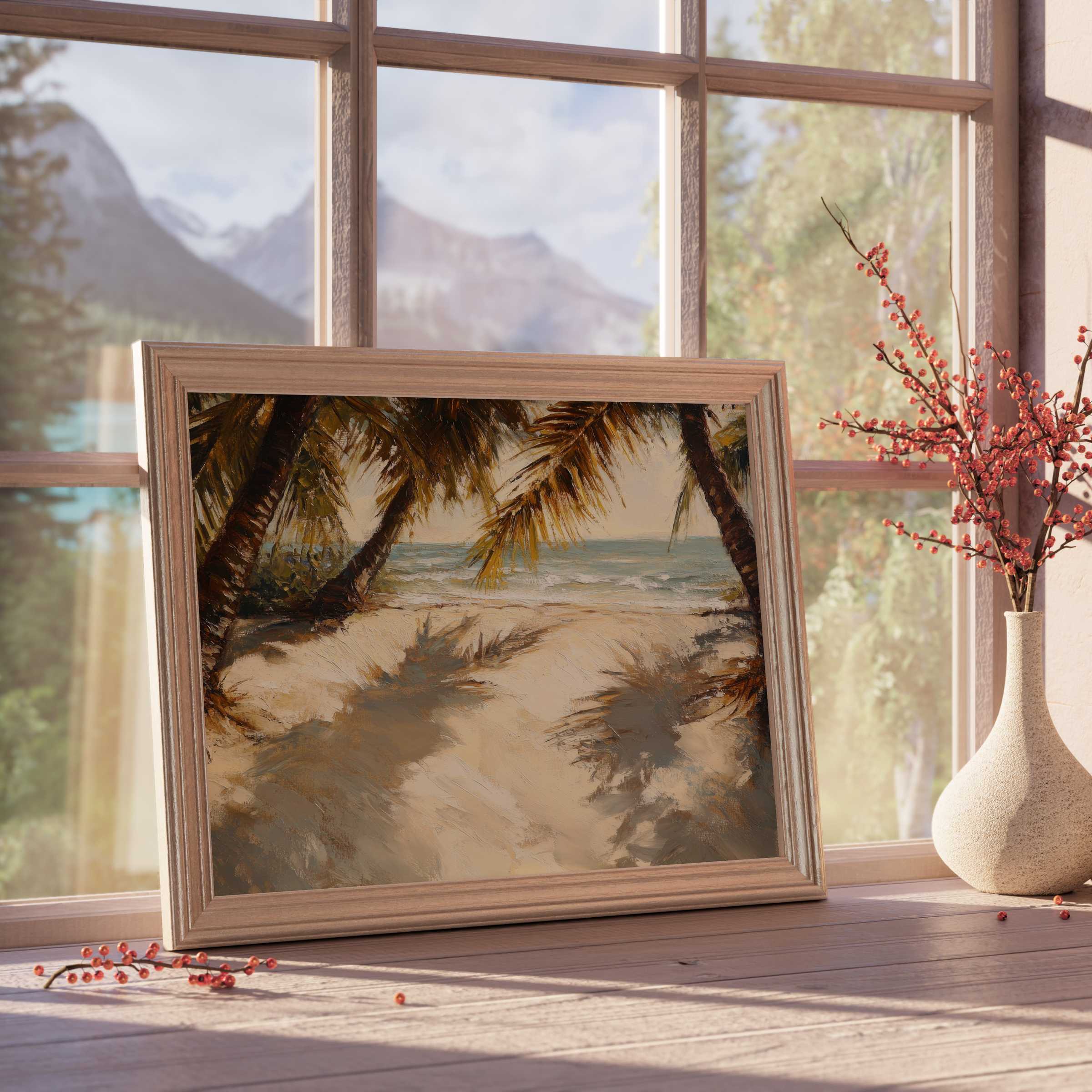 Tranquil beach downloadable art framed in natural wood, evoking warm coastal breezes and serene tropical escape for refined interiors