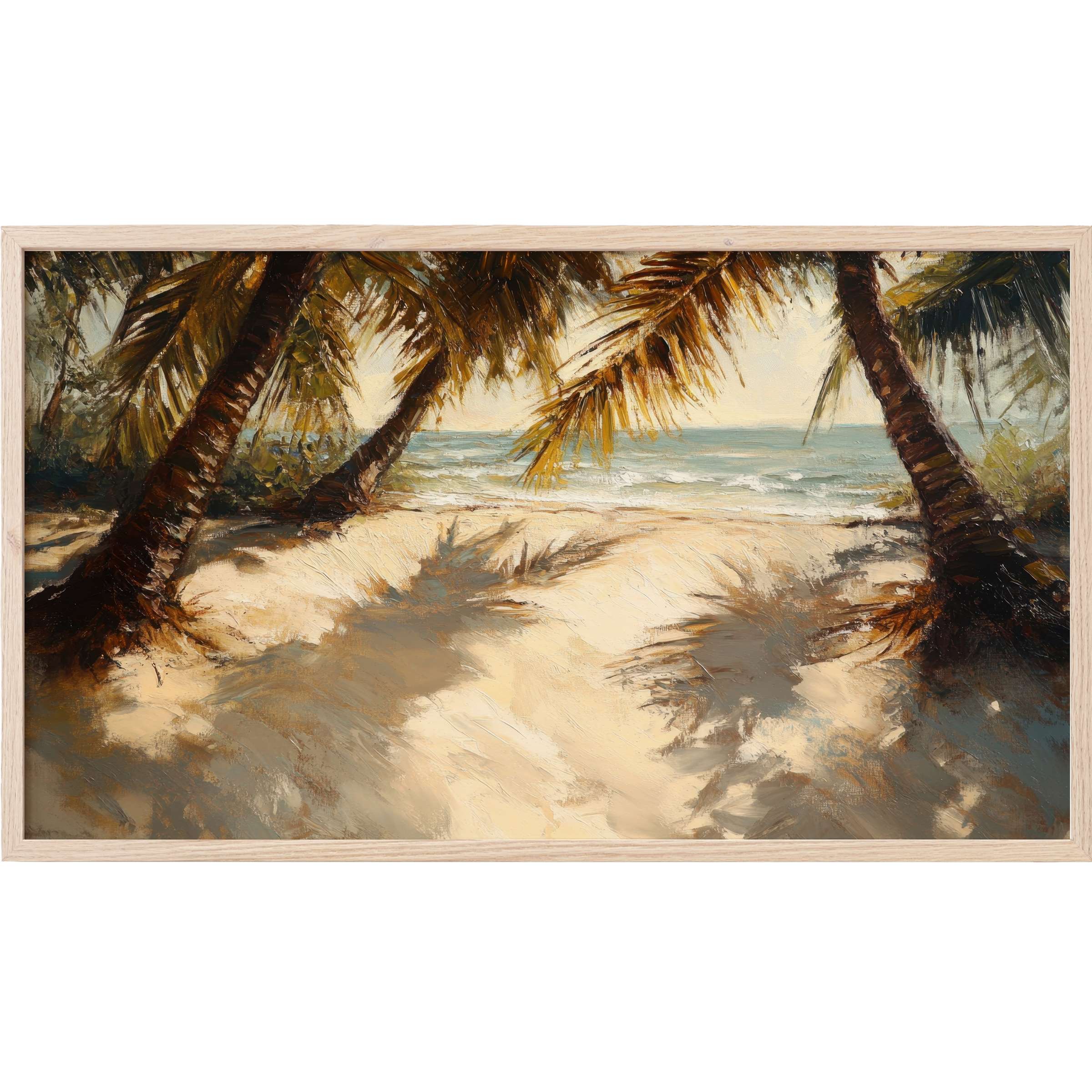 Serene beach Frame TV Art with textured palm trees, warm sandy tones, and soothing ocean blues in a modern style