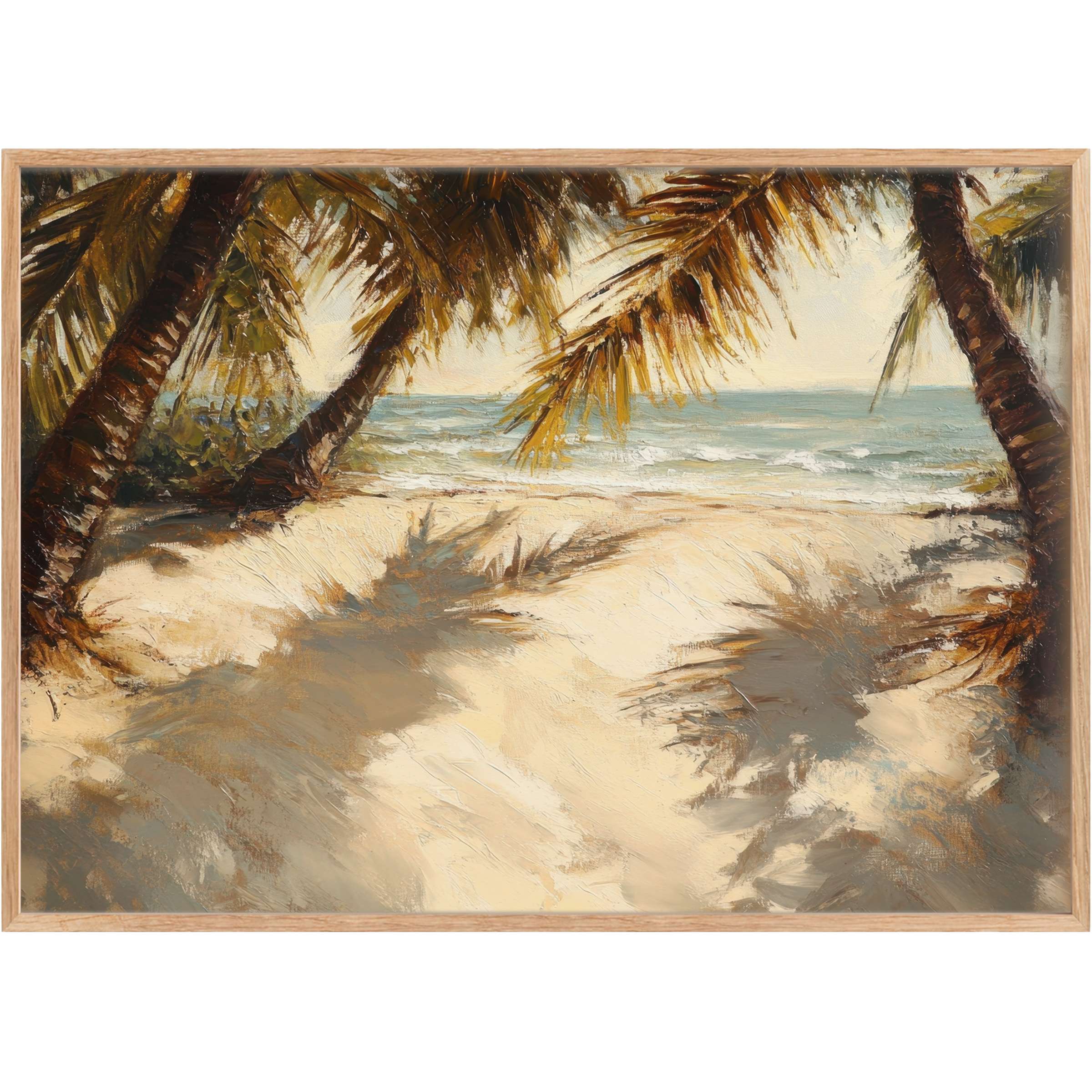 Warm golden light filters through swaying palms in this beach printable wall art, evoking a serene, sun-kissed escape for elegant spaces