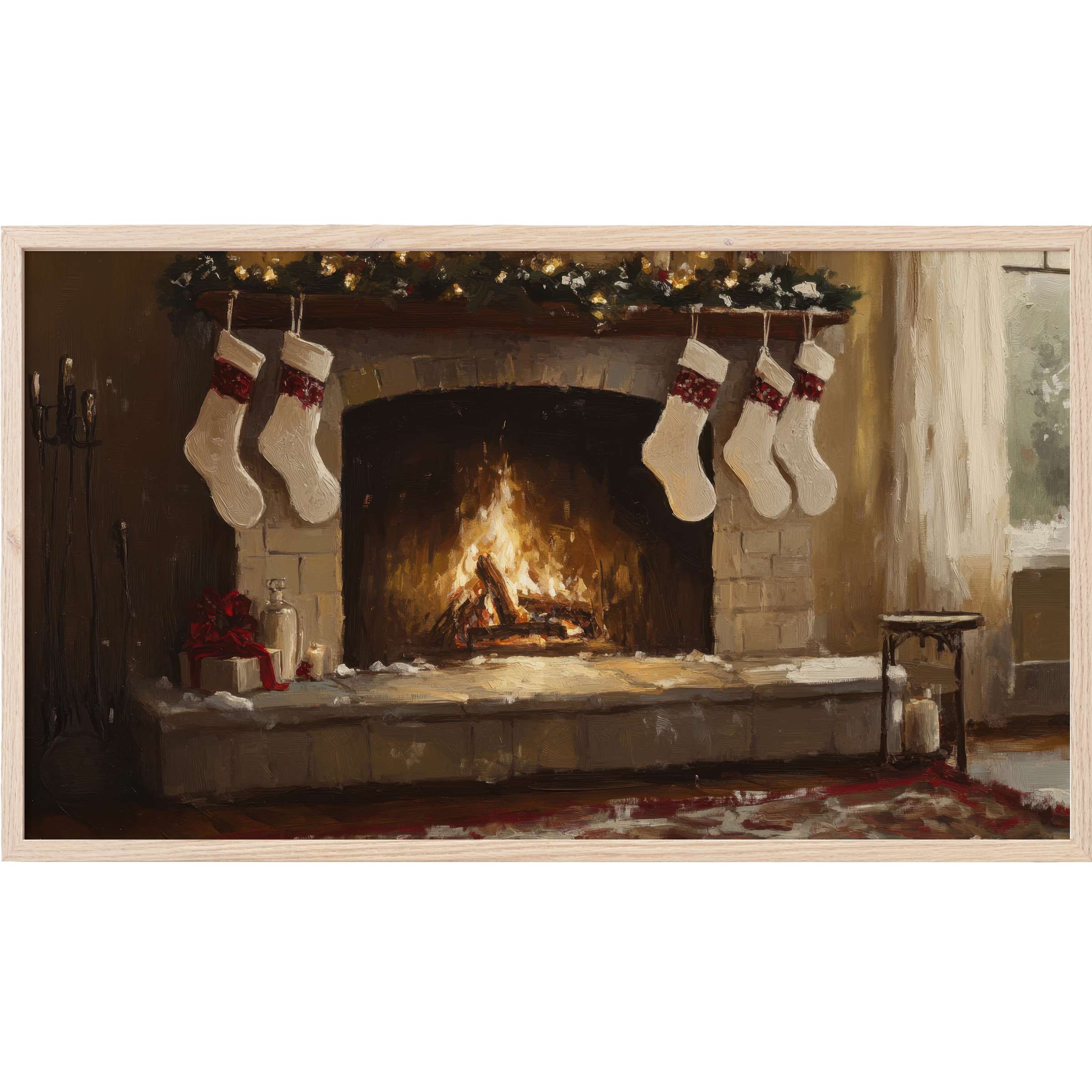 Warm, textured Christmas Frame TV Art of a glowing hearth with stockings and soft, neutral tones