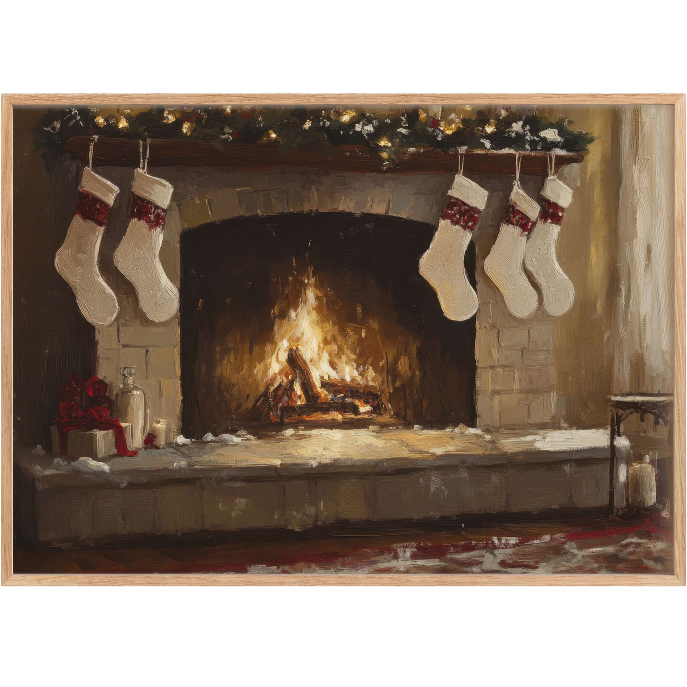 Christmas printable wall art featuring a radiant fireplace with cozy stockings, warm golds, and festive reds evoking timeless holiday charm