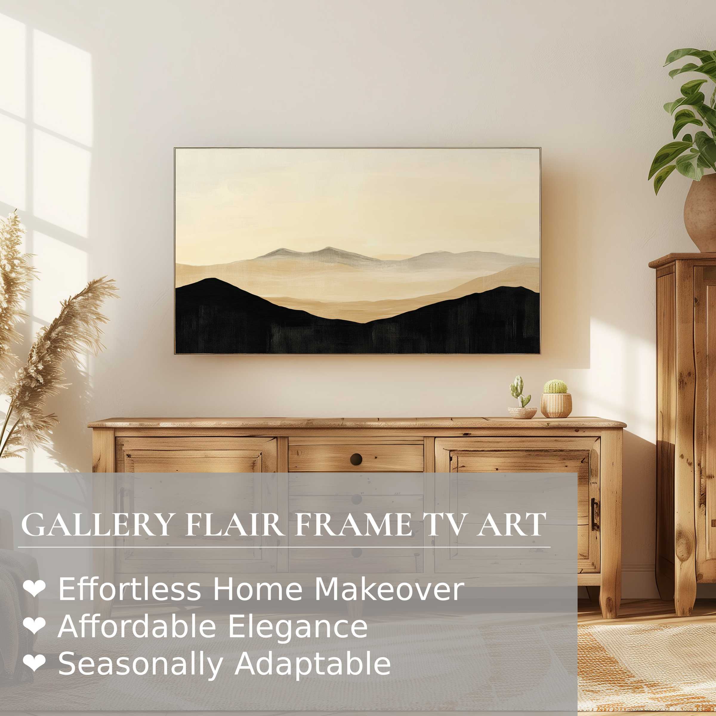 Samsung Frame TV showcasing neutral digital artwork in a serene, modern living space with warm natural accents