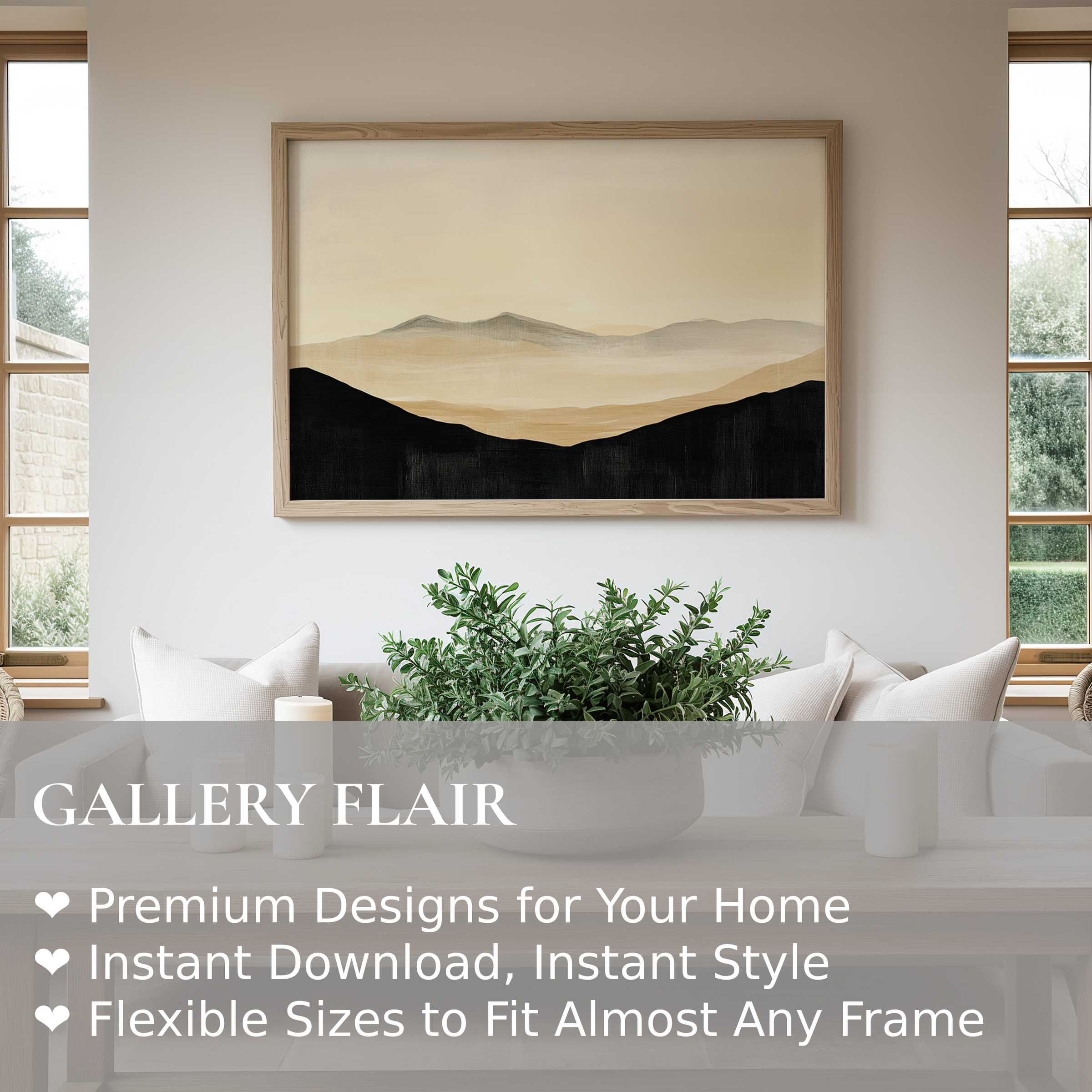 Neutral wall art print featuring soft, layered mountain silhouettes in muted beige and black tones, enhancing serene modern interiors with calm elegance and refined minimalism