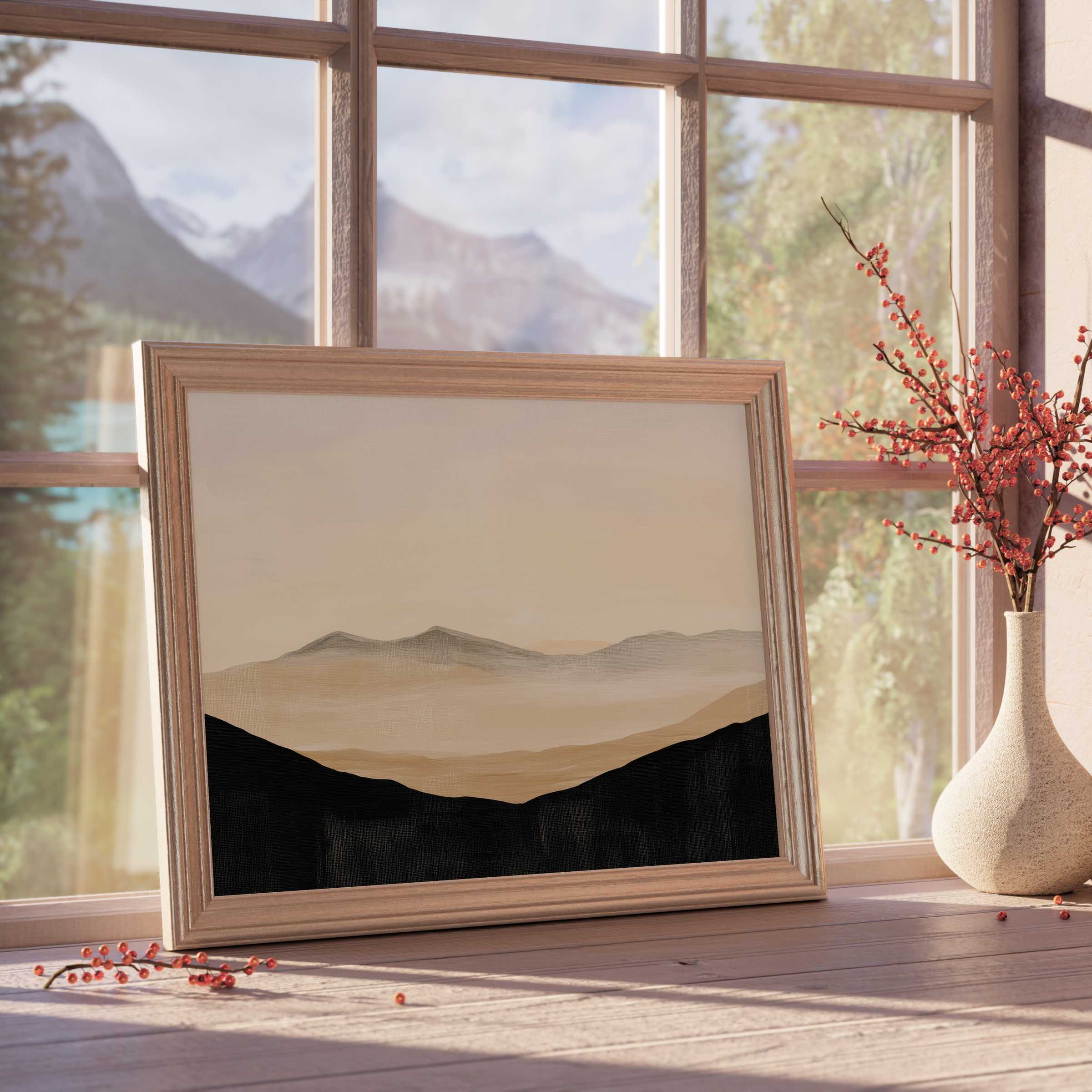 Serene neutral downloadable art with layered soft beige and charcoal hills, enhancing tranquil, curated interiors with warm, natural elegance