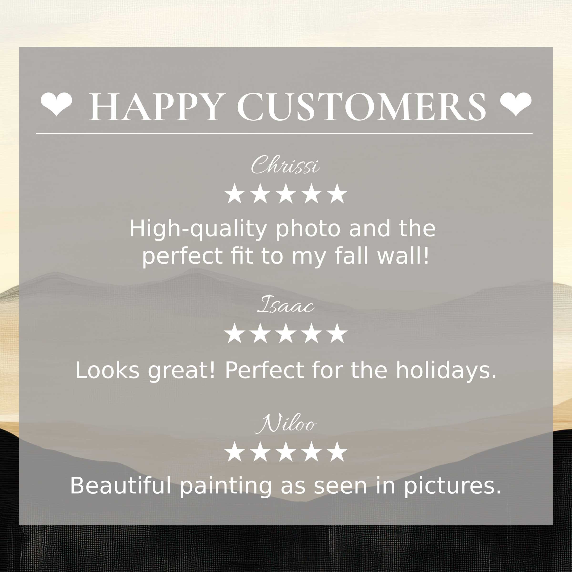 Neutral art for Frame TV with abstract sunset hues, showcasing happy customer reviews to inspire trust and elegance