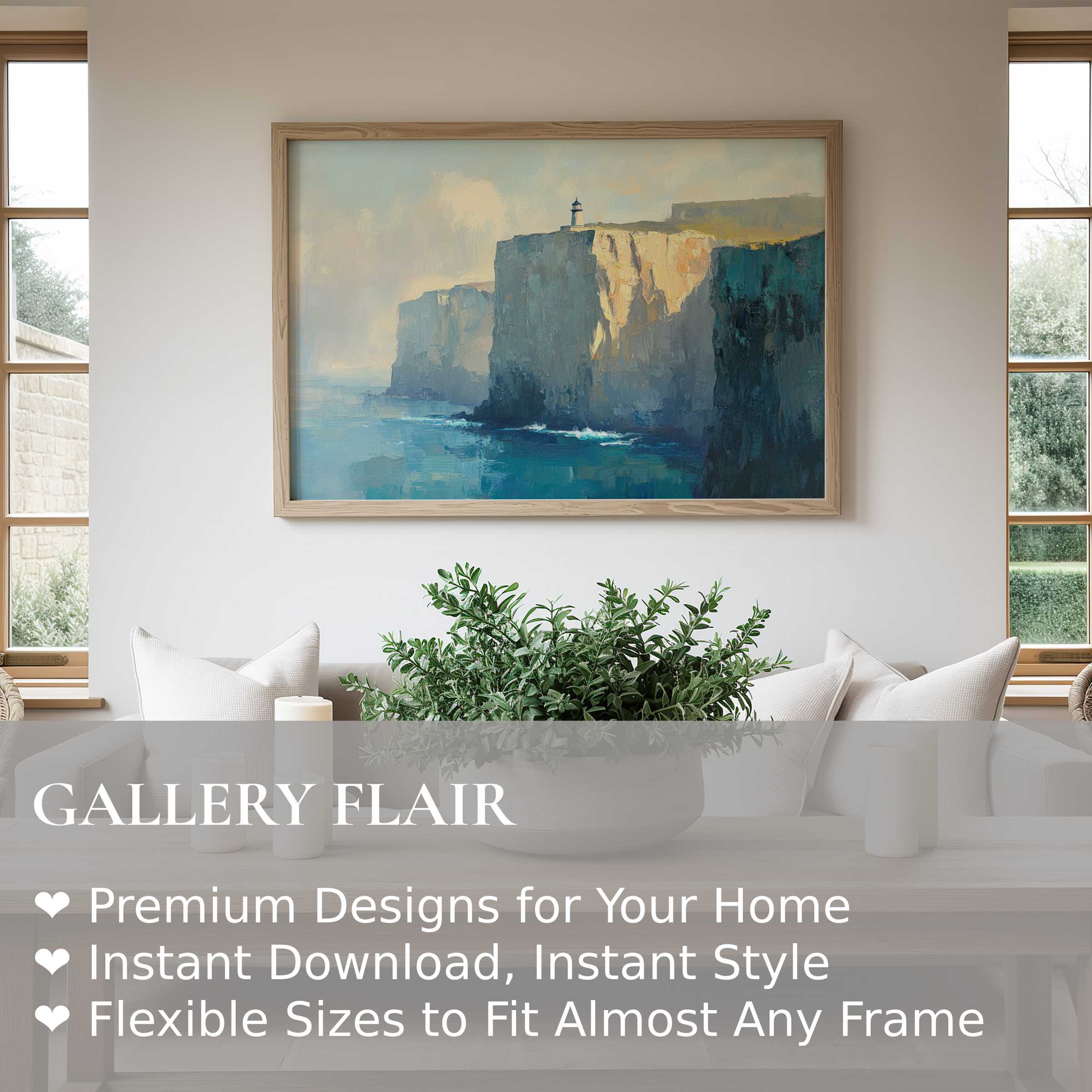 Vintage wall art print of majestic coastal cliffs with lighthouse, evoking serene coastal charm in a modern, minimalist living space