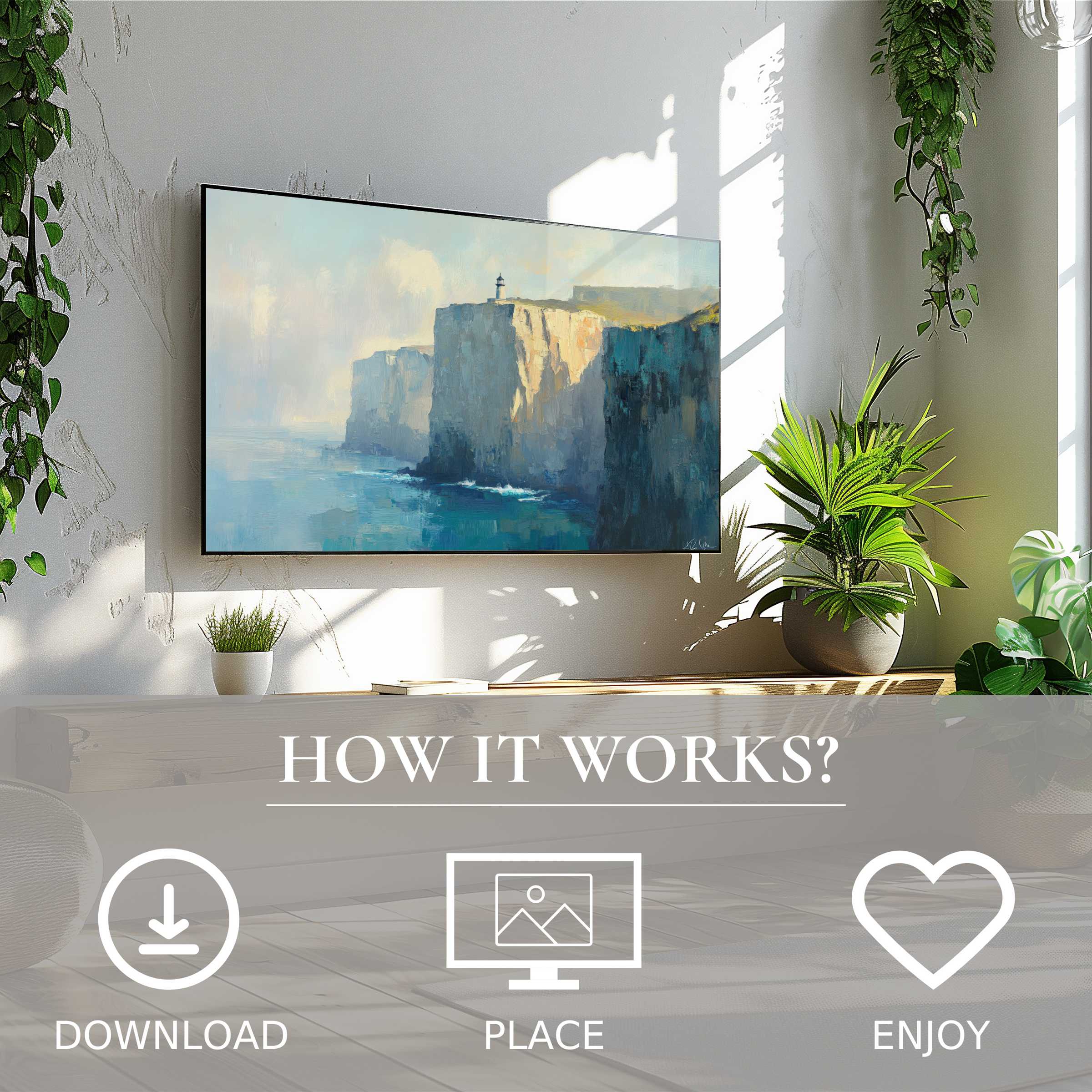 Vintage art for Samsung TV showing soft cliff tones; easy digital download enriches modern living spaces with serene motif
