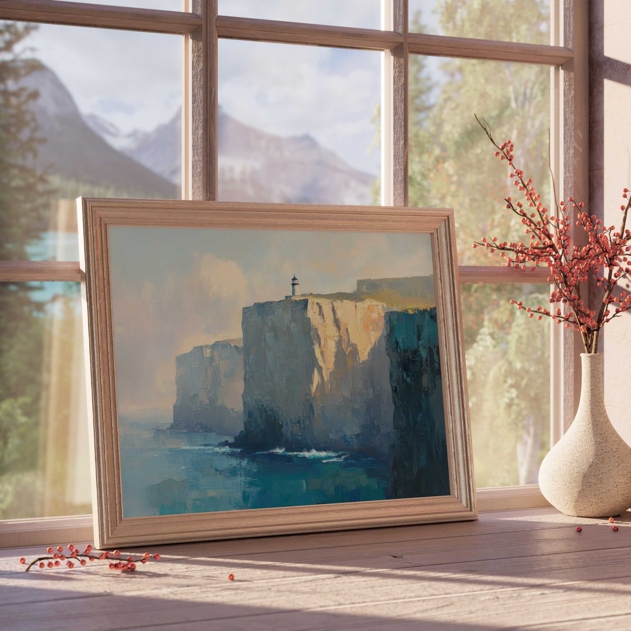 Vintage downloadable art of sunlit coastal cliffs with lighthouse evokes serene, curated elegance for tranquil, design-forward interiors