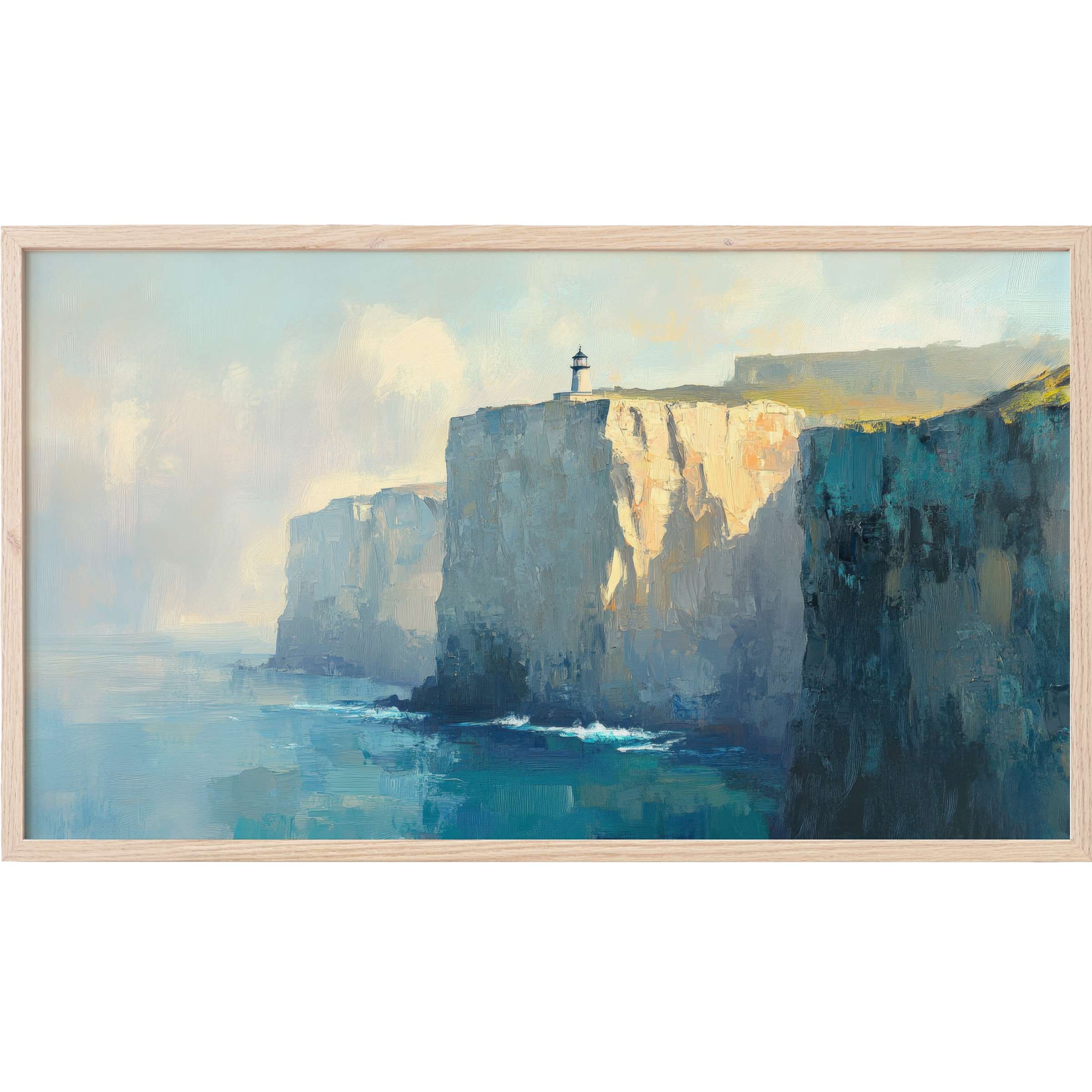 Vintage Frame TV Art depicting serene cliffs with a lighthouse, textured brushstrokes, and soft blues and earth tones