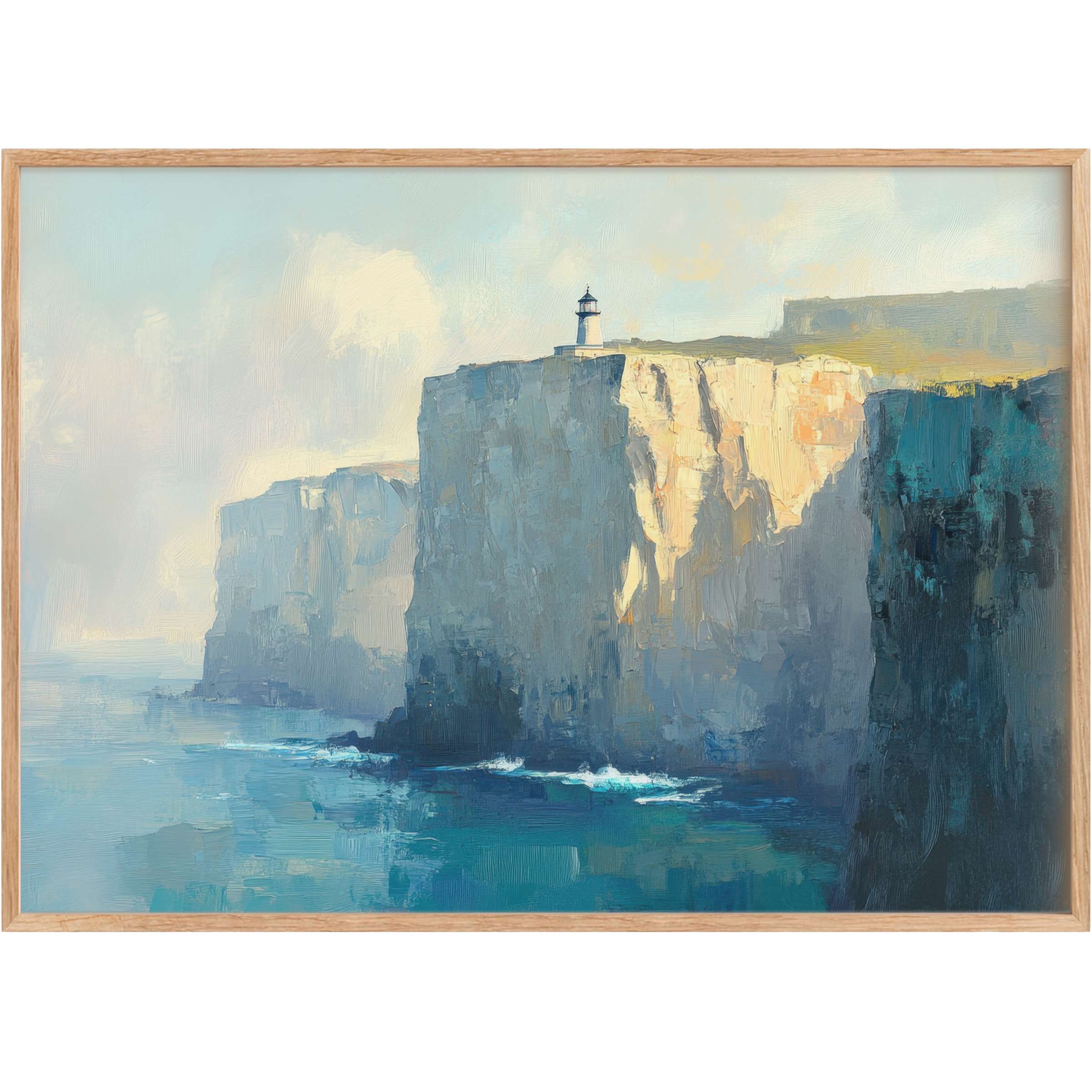 Vintage printable wall art capturing serene coastal cliffs with soft blues and warm golden light, evoking calm and timeless elegance