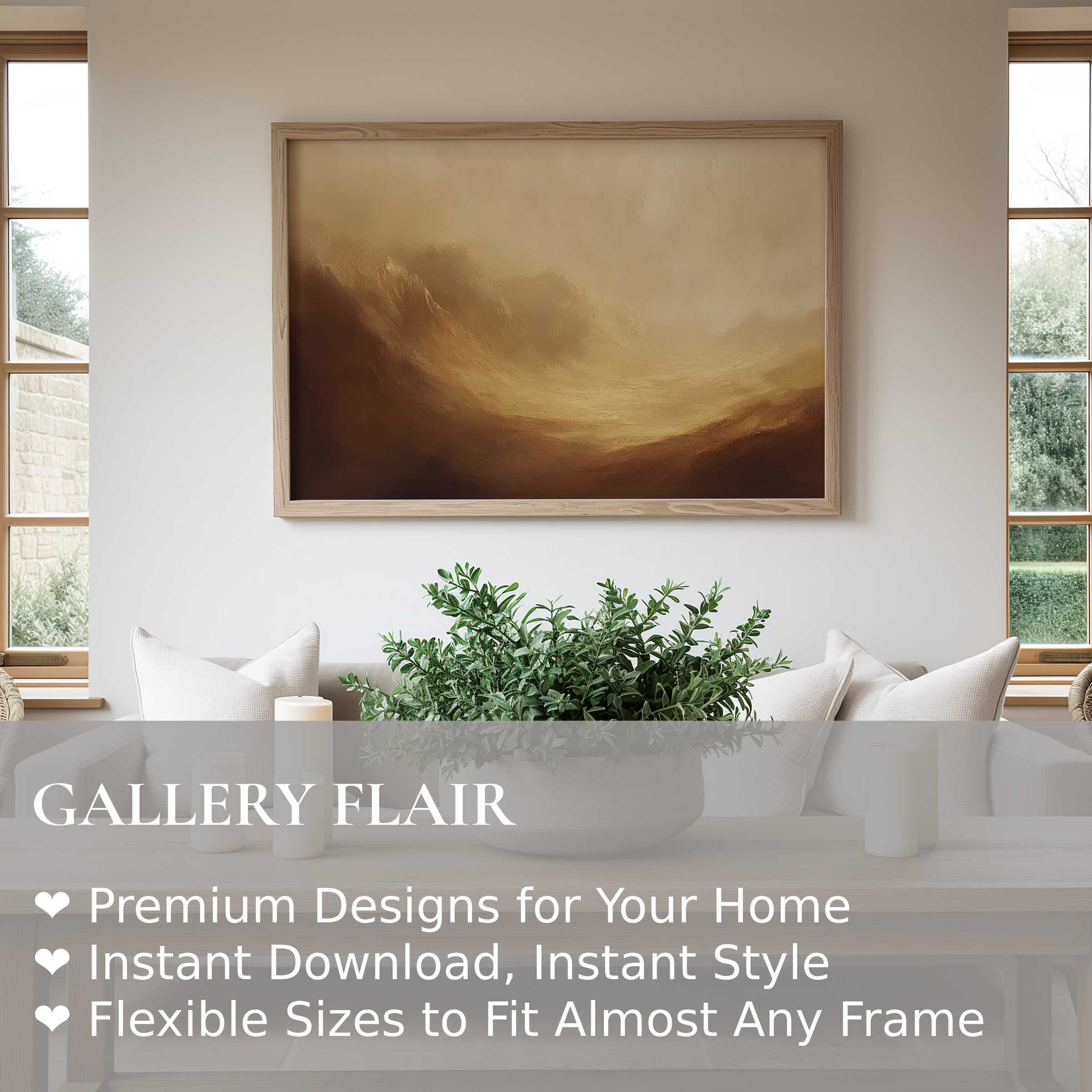 Elegant landscape wall art print with warm, radiant earth tones, enhancing modern minimalist interiors with calming ambiance and natural allure