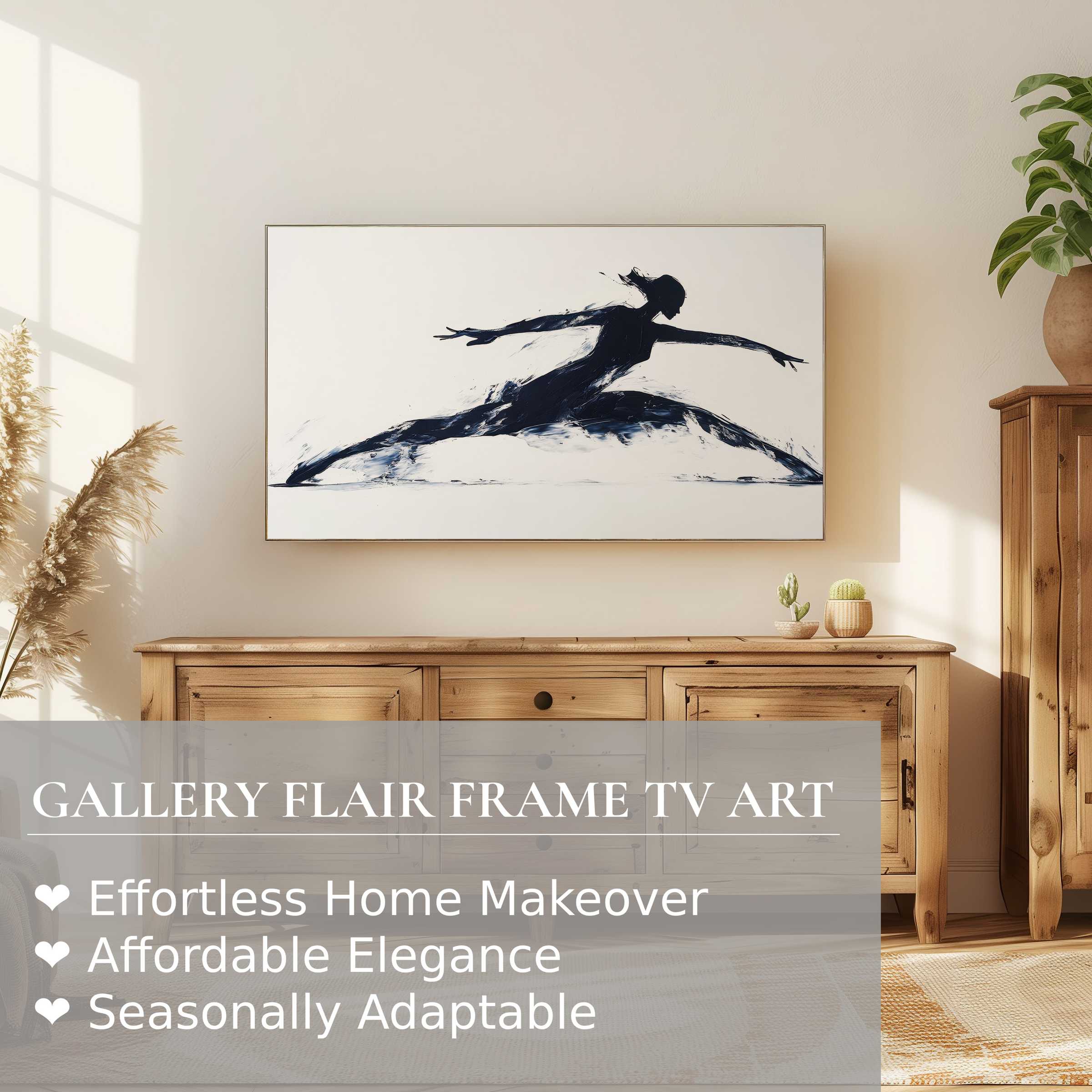 Minimalist digital artwork on Samsung Frame TV, showcasing fluid motion in a serene, elegant living room setting