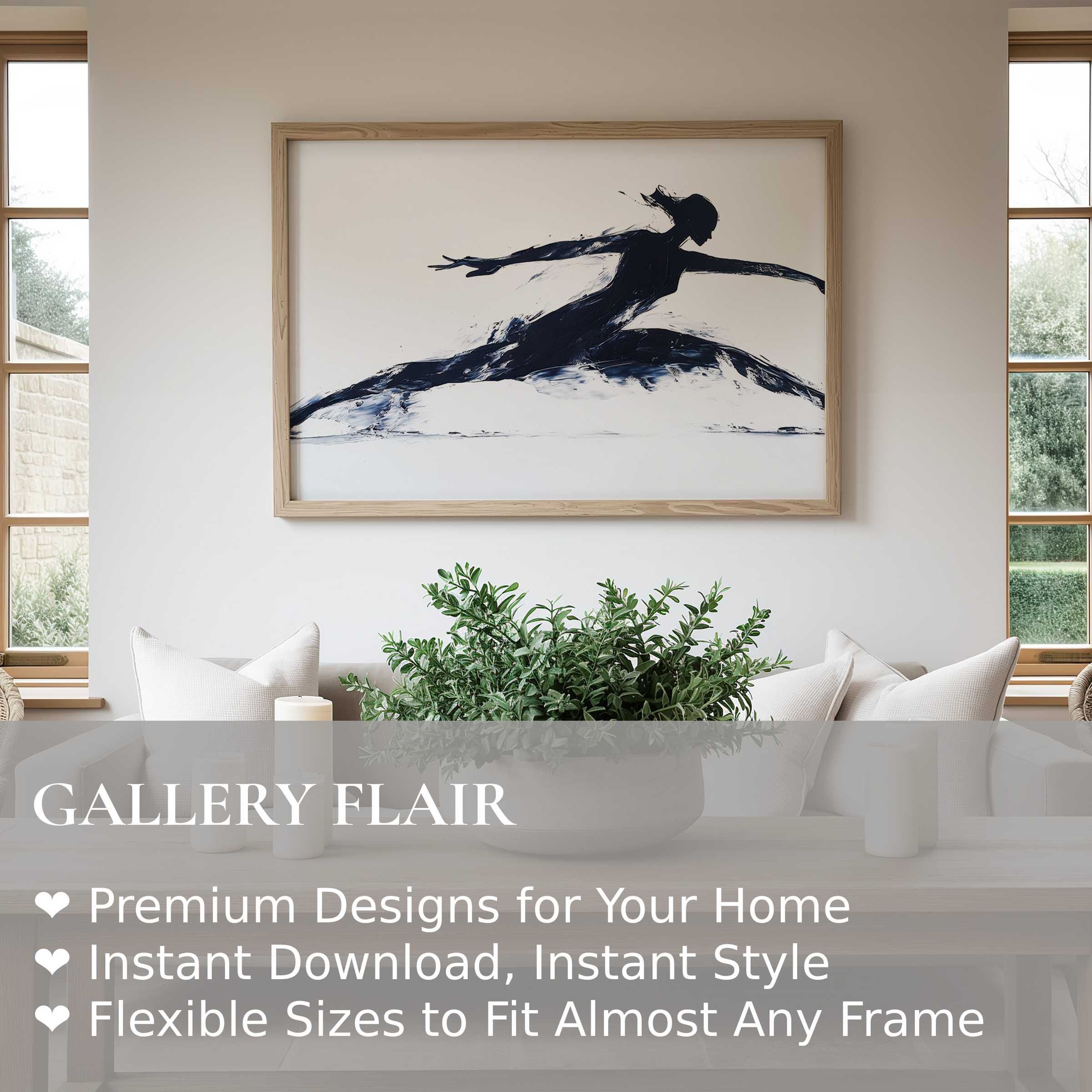 Minimalist wall art print of a dynamic silhouette in motion, adding bold, contemporary elegance to a serene, modern living space