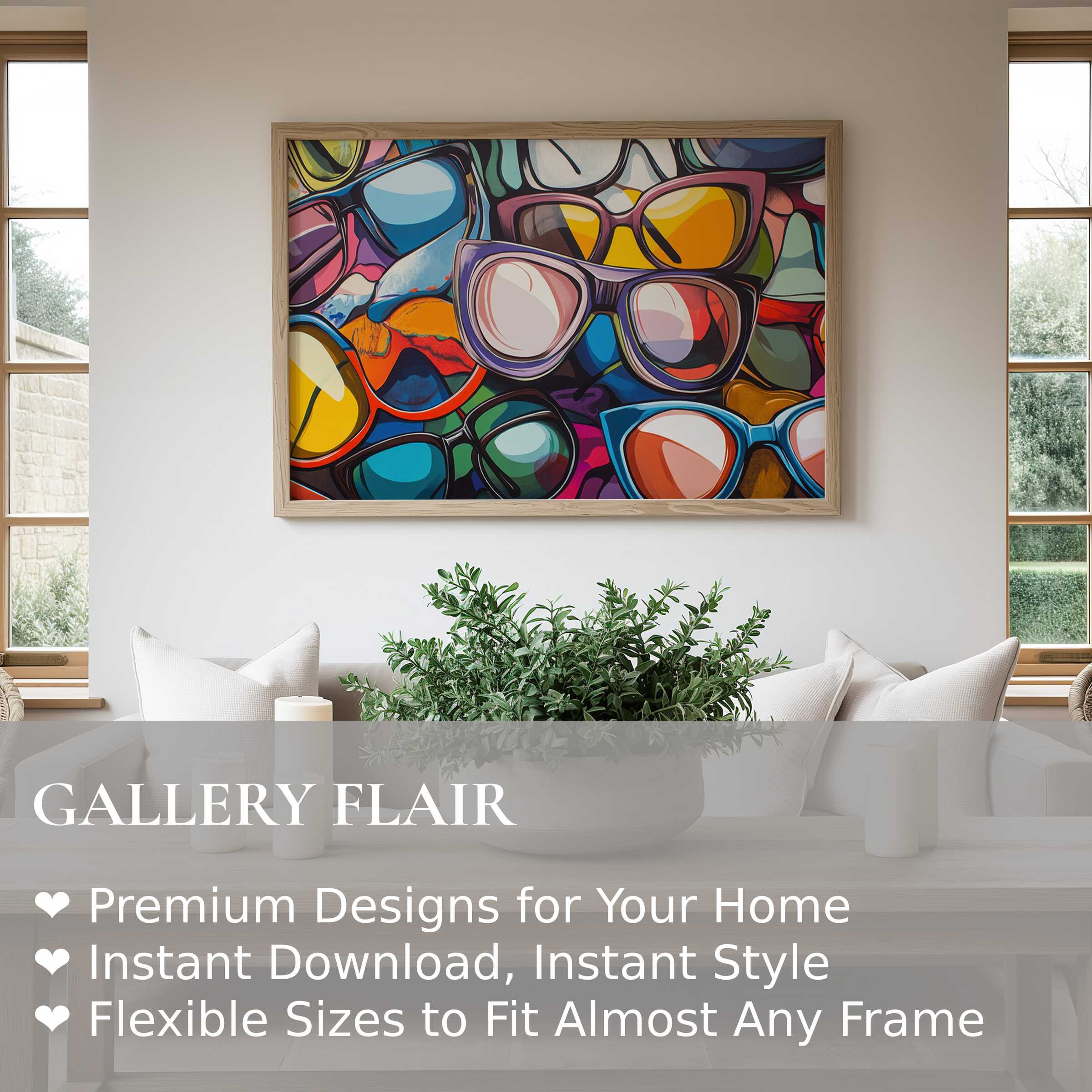 Vibrant pop art wall art print featuring bold, colorful sunglasses, enlivening a modern minimalist living room with dynamic urban charm and playful sophistication