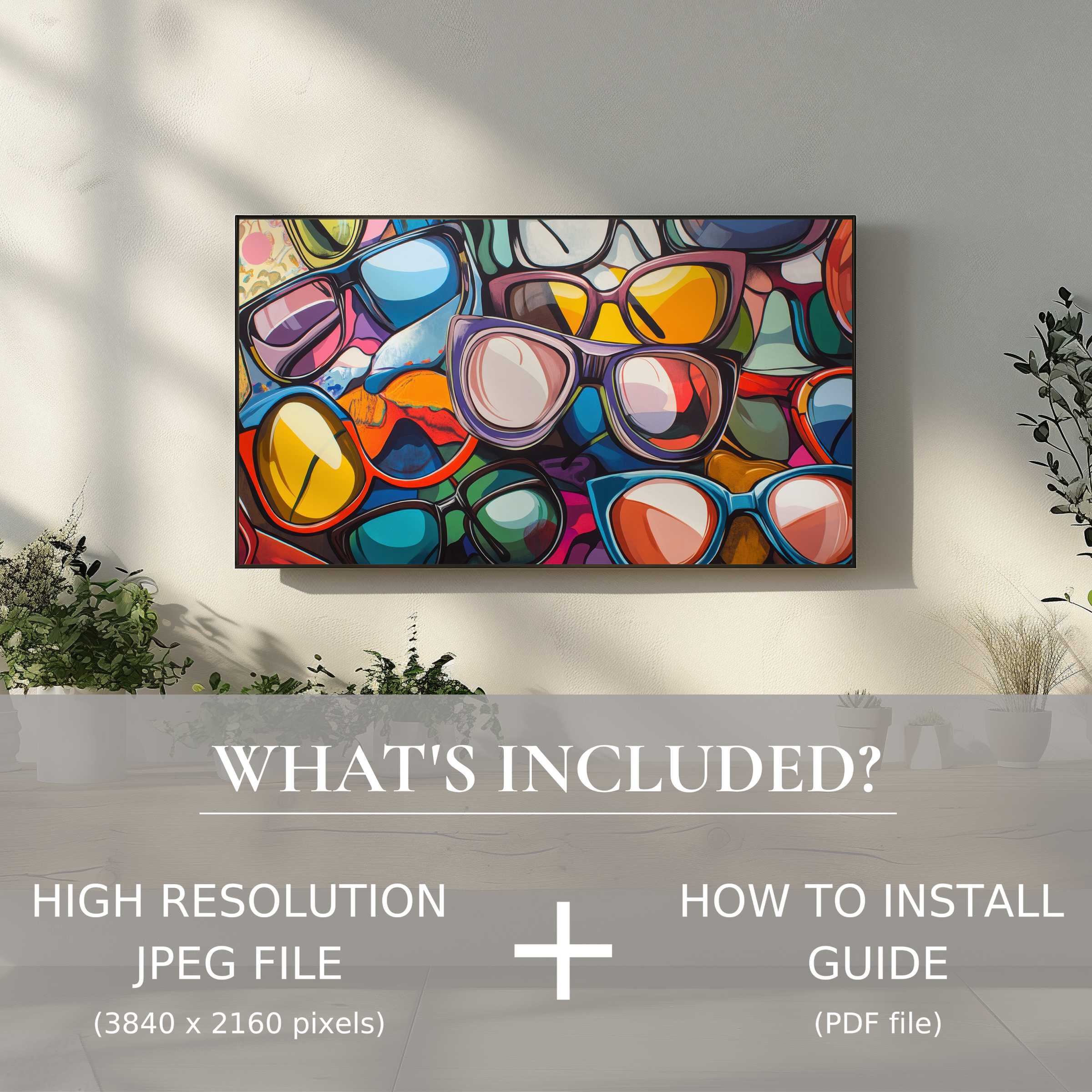 Elegant living space enhanced by vibrant pop art digital TV art download; easy, stylish digital use included