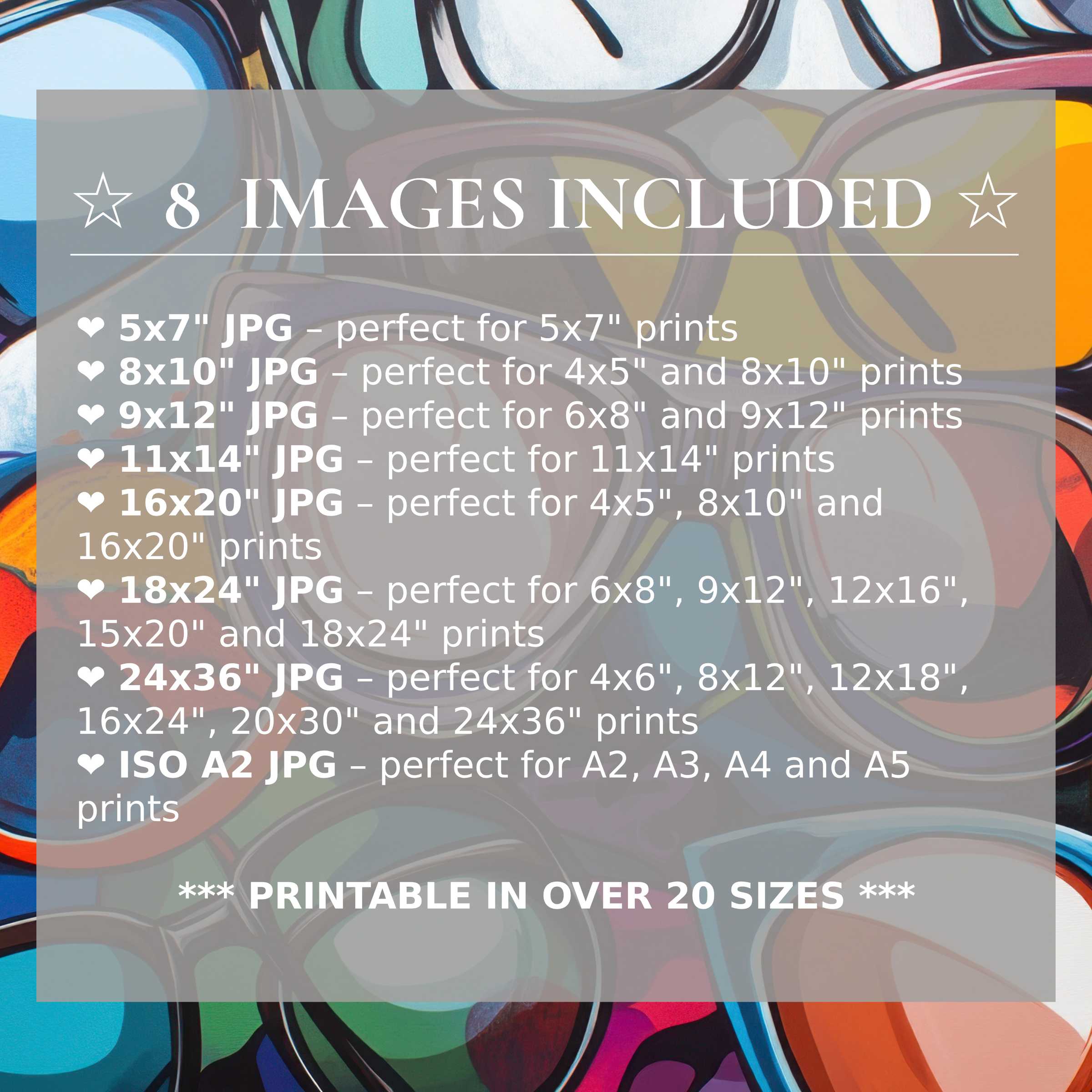Radiant pop art digital print in vibrant blues, reds, and greens; includes 8 high-quality sizes for versatile modern interior style