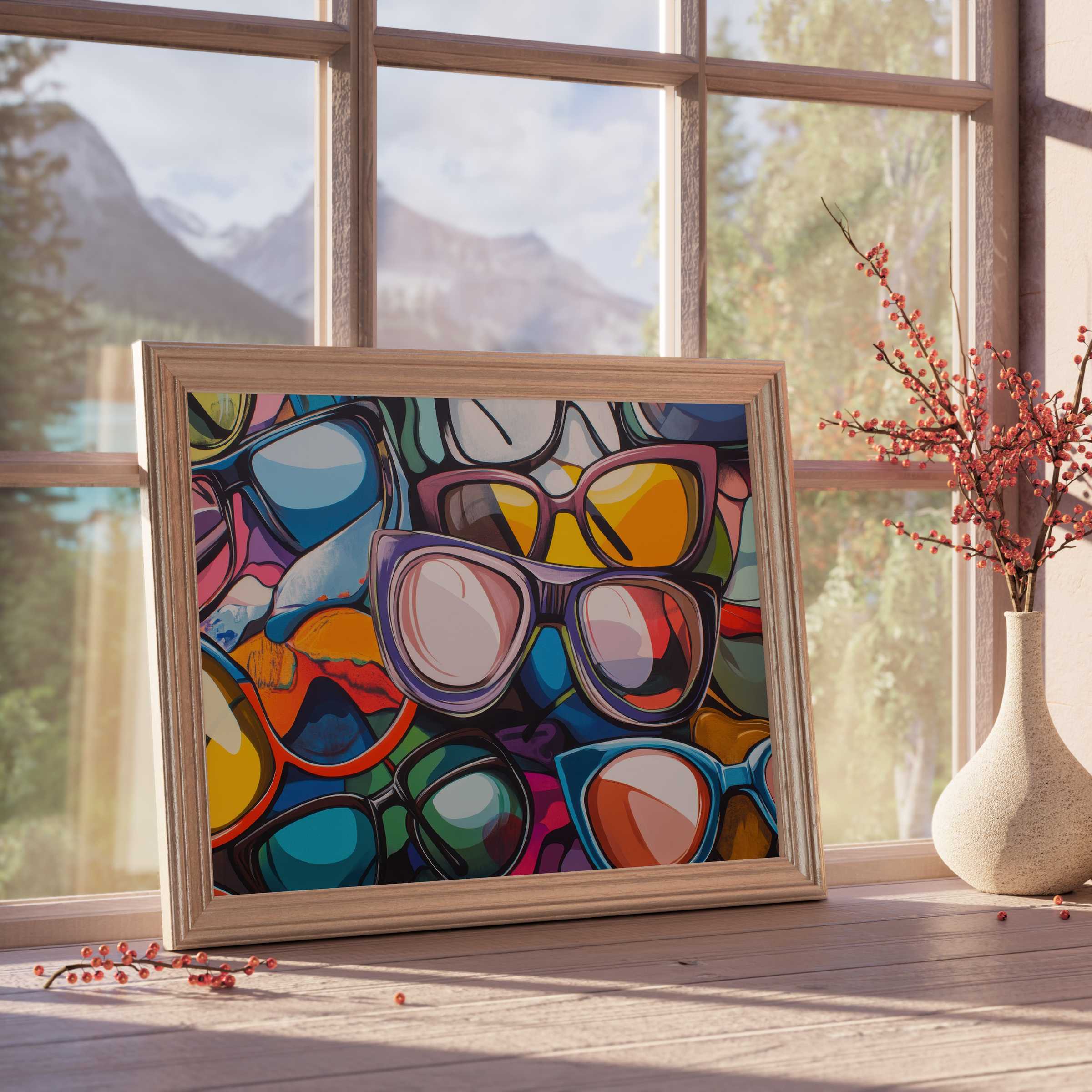 Vibrant pop art downloadable art featuring layered sunglasses, infusing curated interiors with bold color and playful sophistication