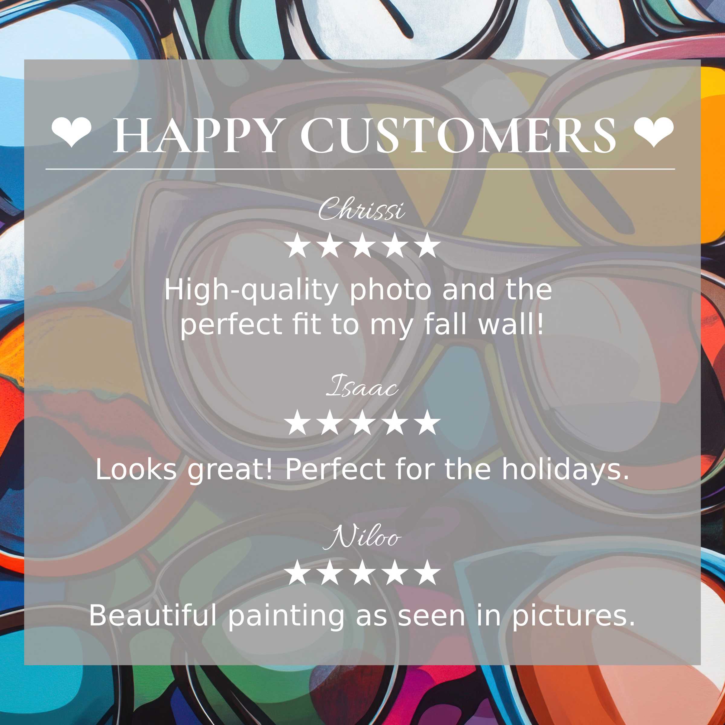 Pop art for Frame TV with vibrant sunglasses design, showcasing happy customer reviews and elegant, trustworthy style