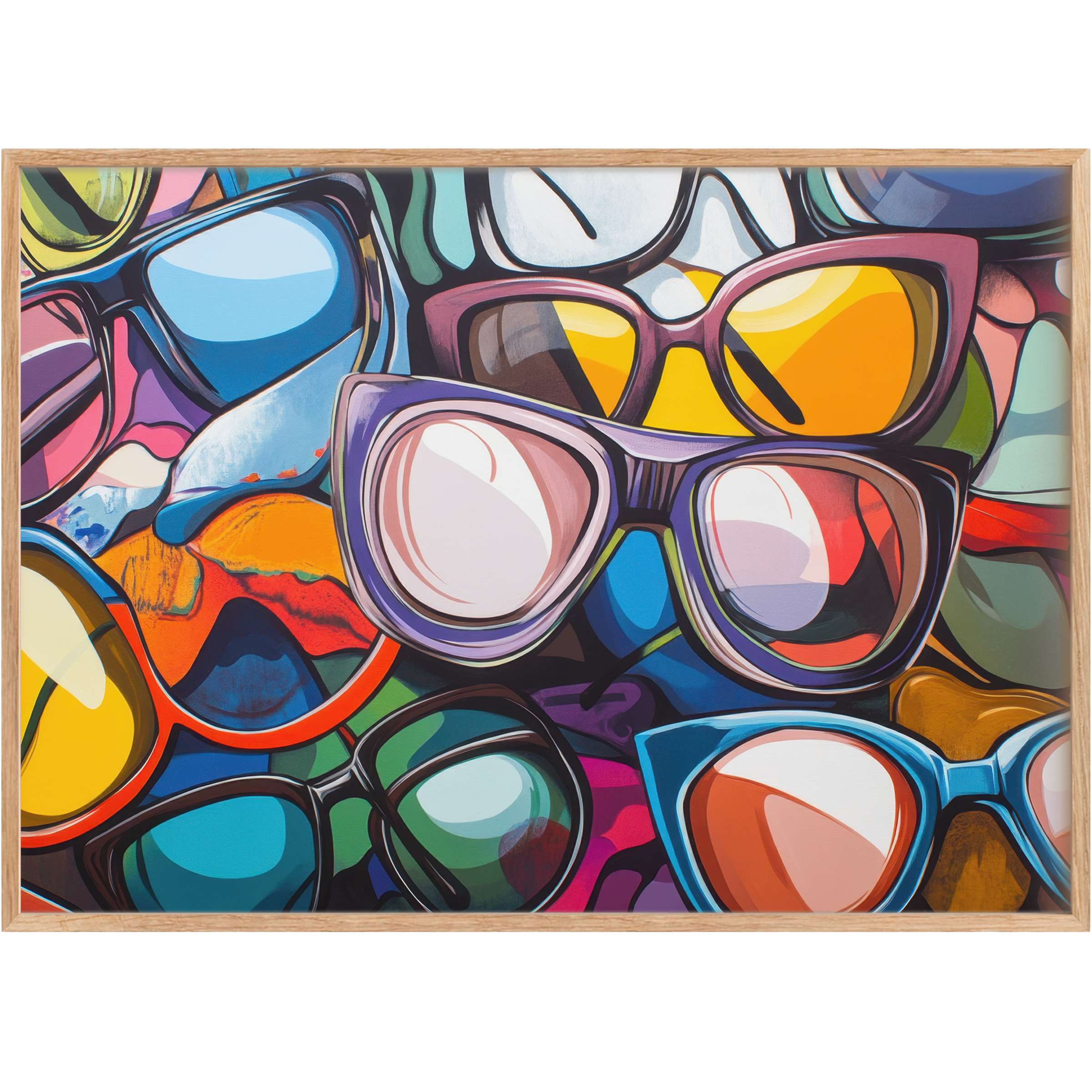Vibrant pop art printable wall art featuring bold sunglasses in rich blues, oranges, and purples, evoking playful energy