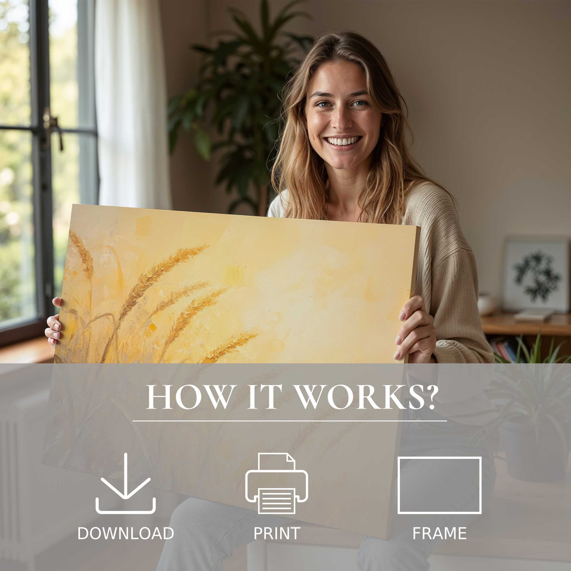 A joyful woman in a sunlit modern home embraces a warm summer digital art print, evoking serene connection and effortless elegance