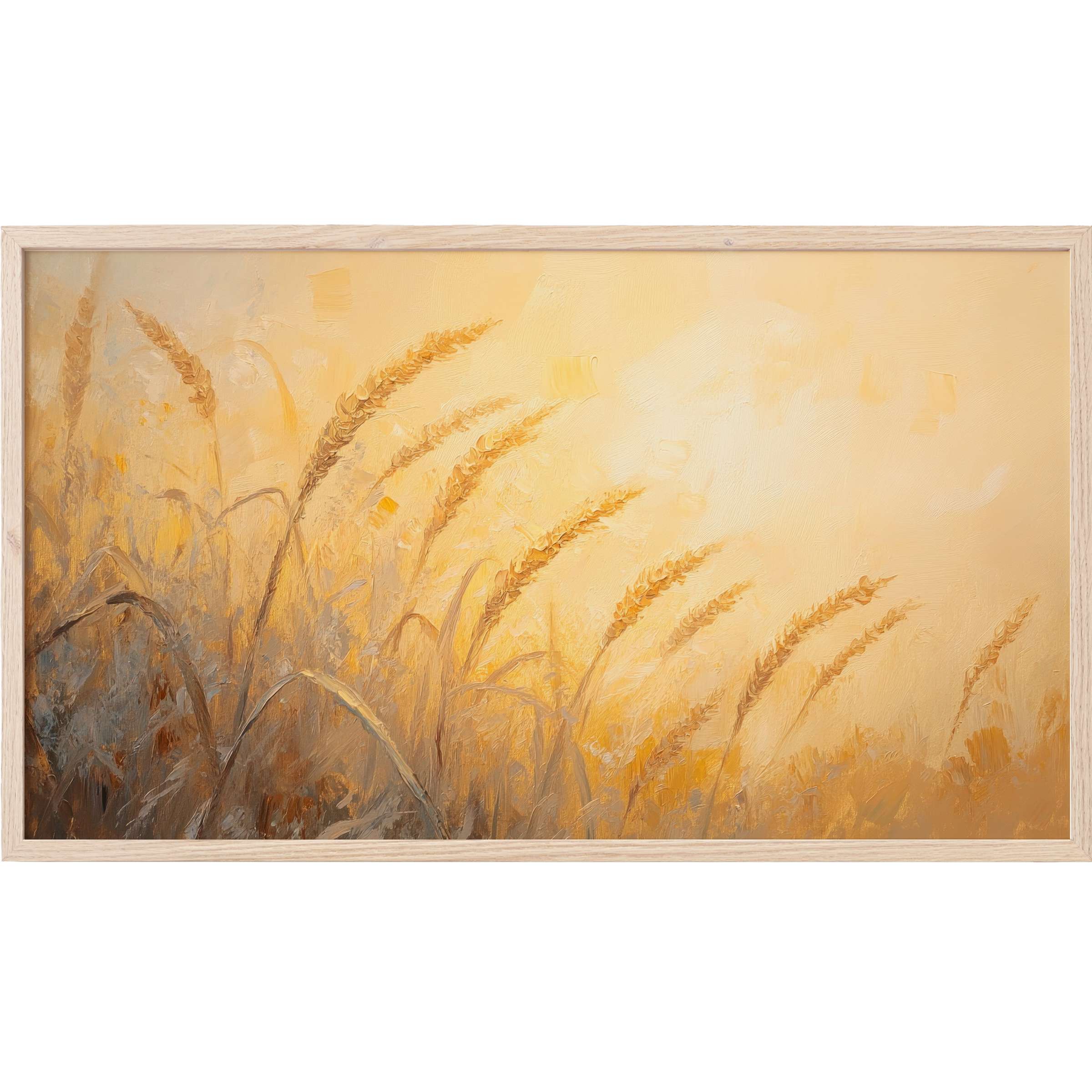 Elegant summer Frame TV Art depicting golden wheat stalks in soft, warm yellows and muted earth tones, with textured brushstrokes
